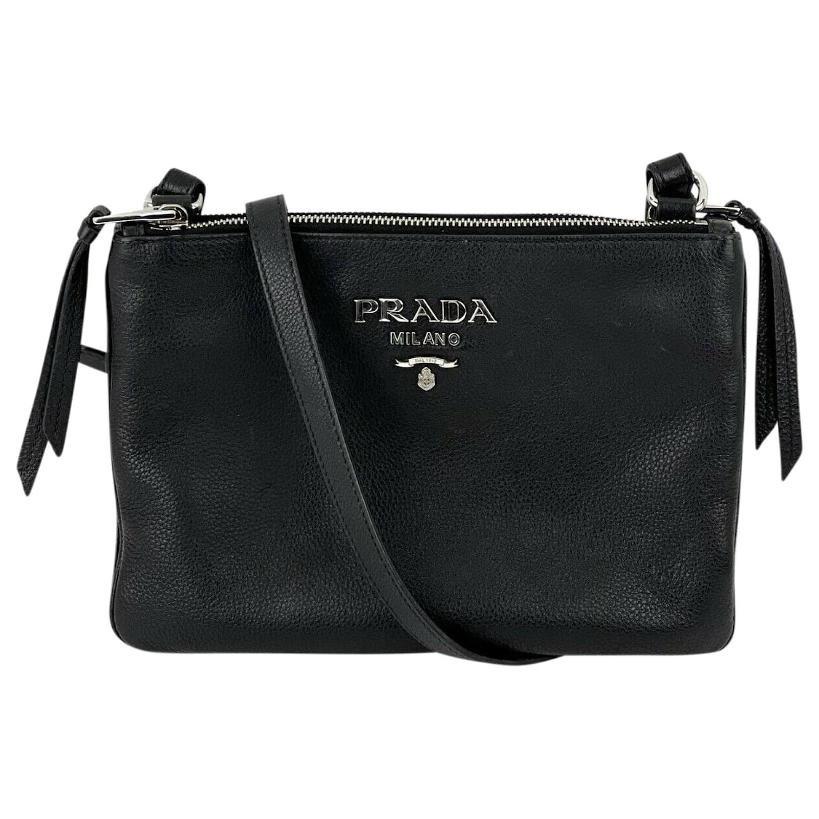 New Prada Black Vitello Phenix Leather Double Zip Cross Body Bag