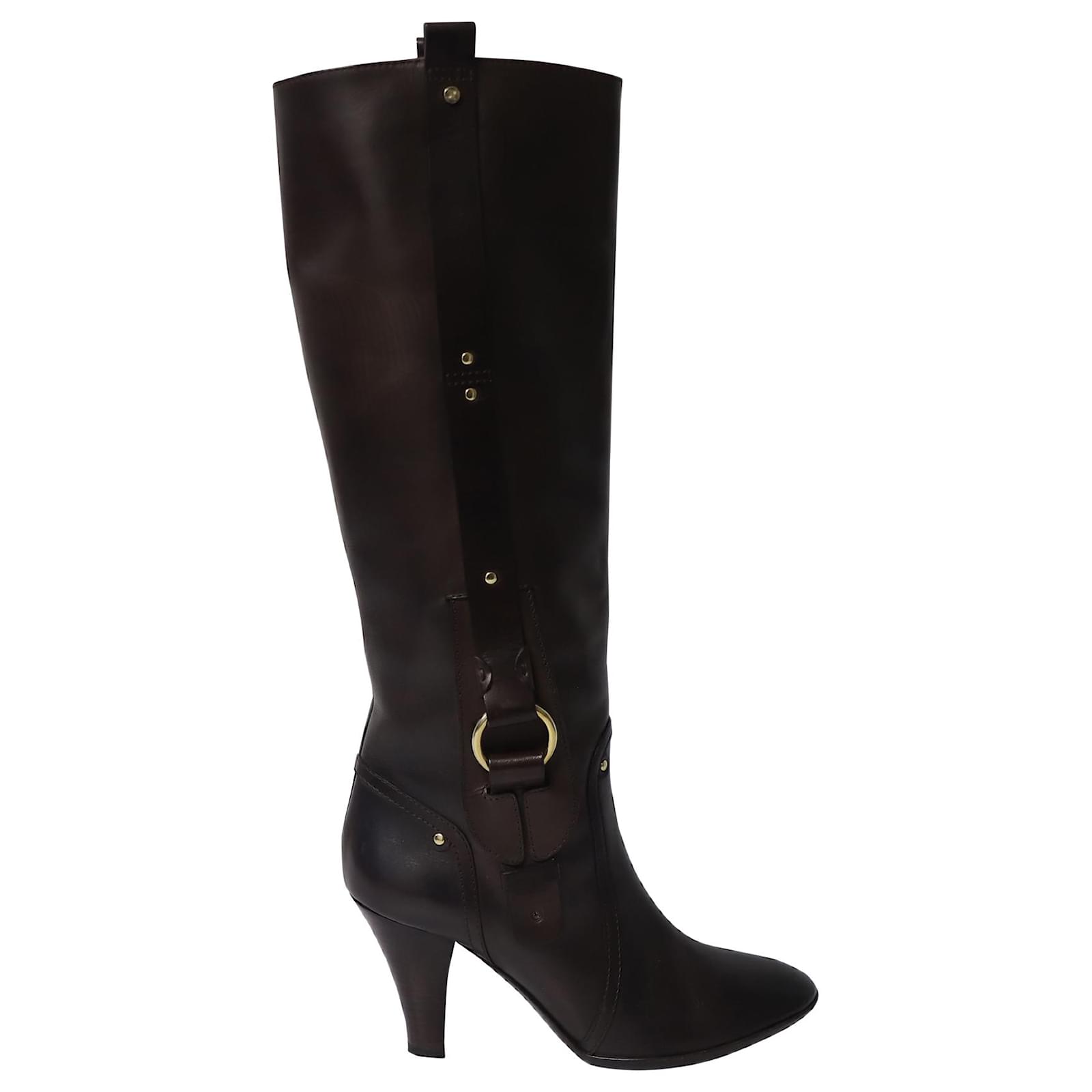 Céline Celine High Heeled Boots with Buckle in Brown Calfskin Leather ...