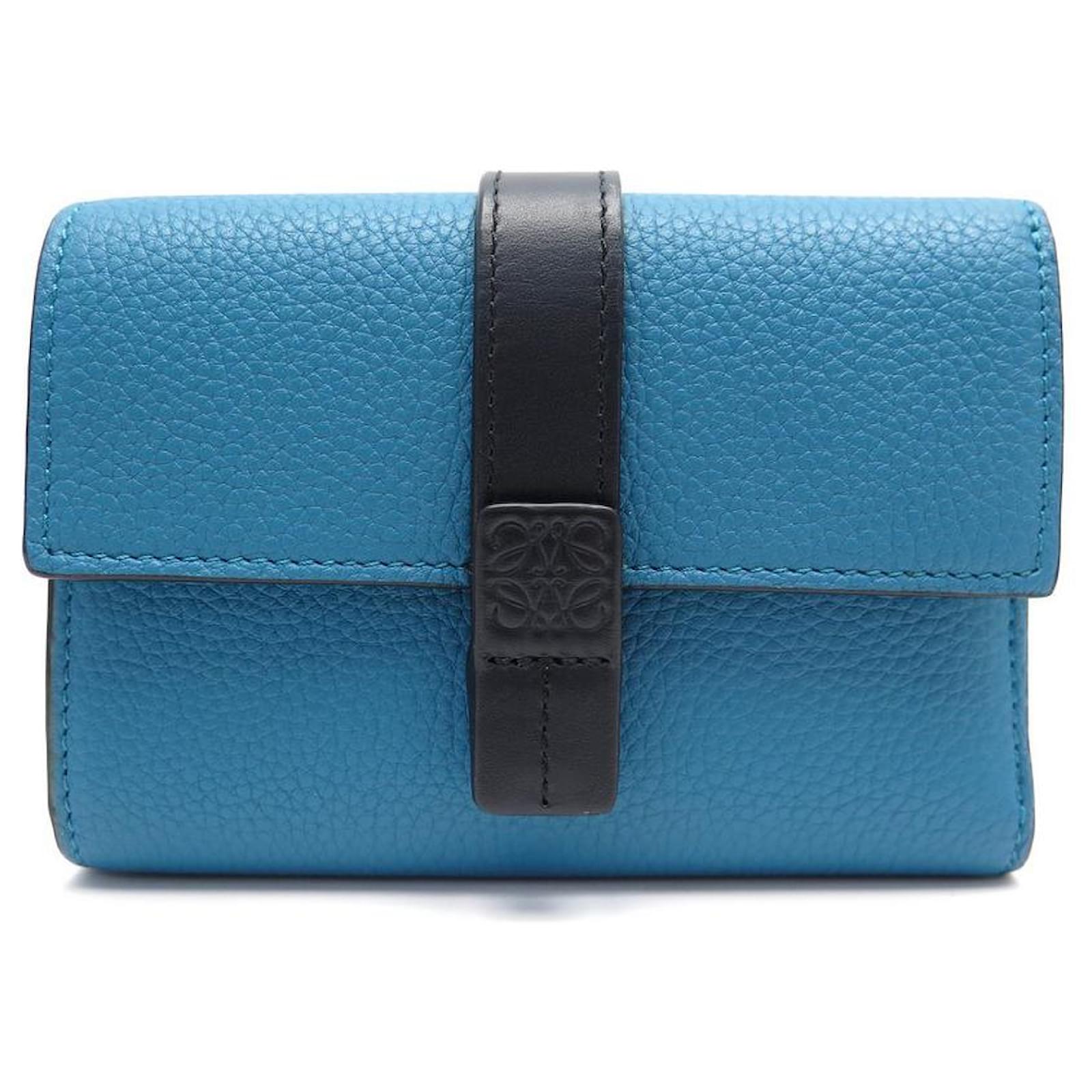 NEW LOEWE SMALL VERTICAL WALLET 124.12.S86 BLUE GRAINED LEATHER