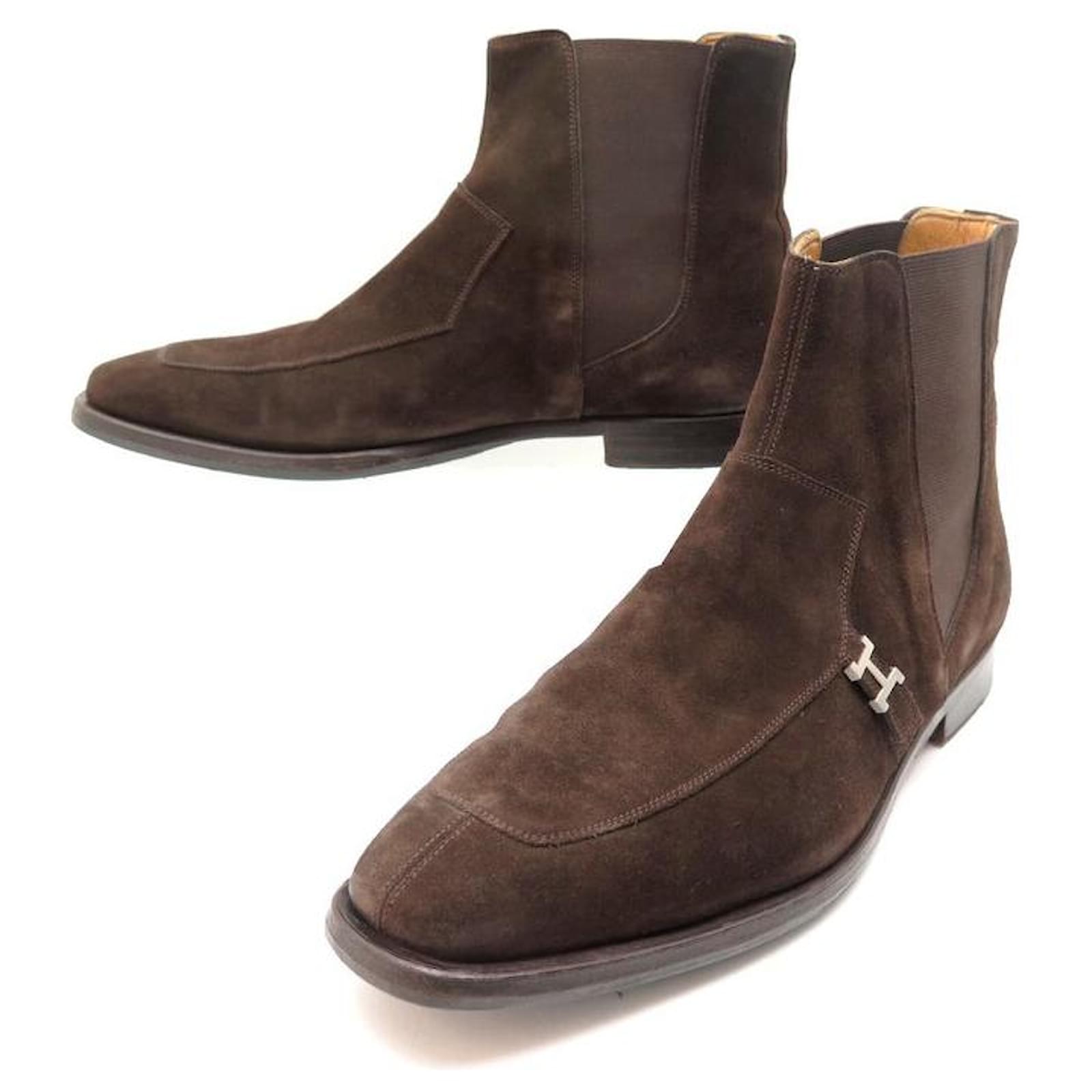 Hermès CHAUSSURES HERMES BOTTINES CHELSEA BOUCLE H 45 DAIM MARRON + BOITE SHOES Suede ref.650173