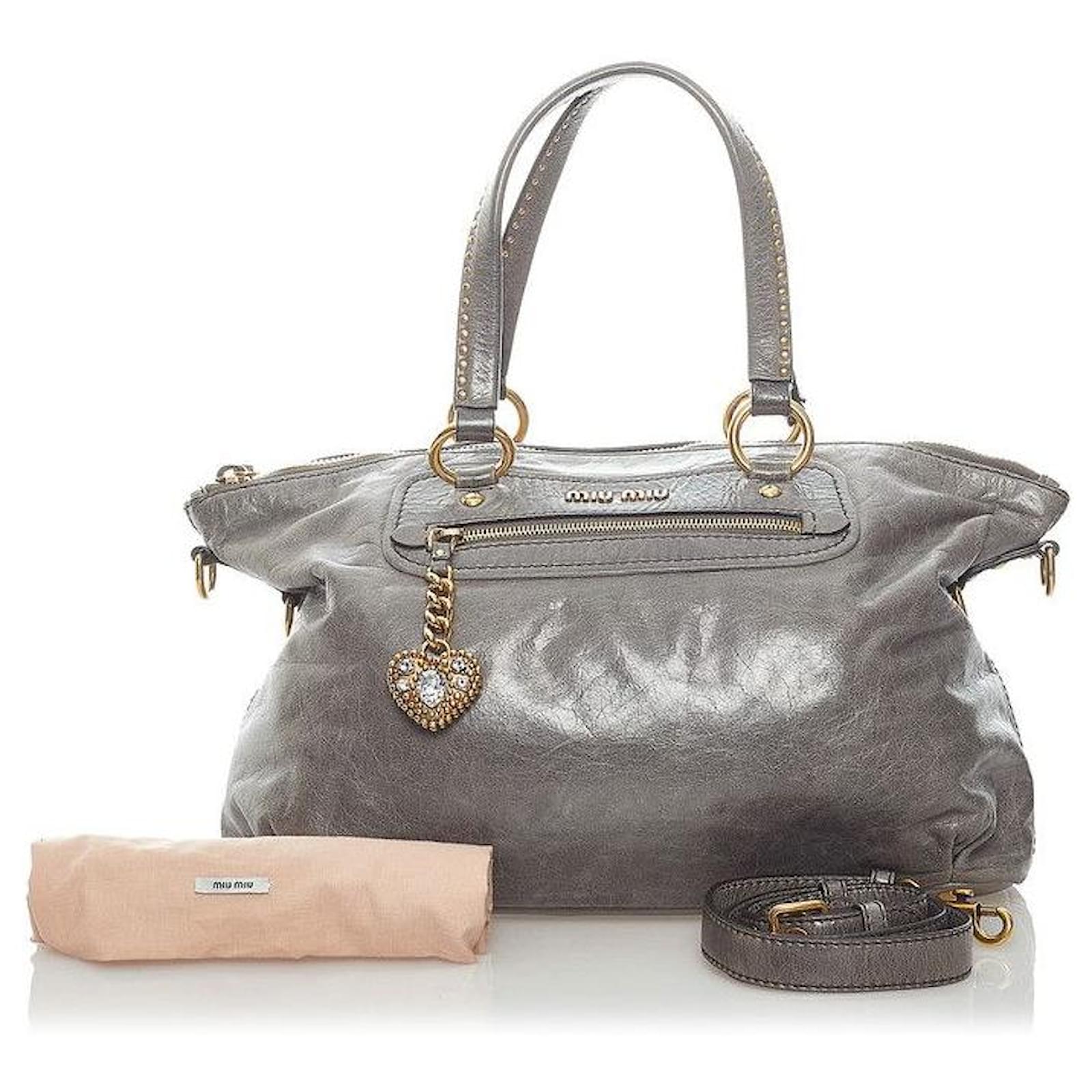 Miu Miu Vitello Lux Crystal Heart Handbag Grey Leather Pony