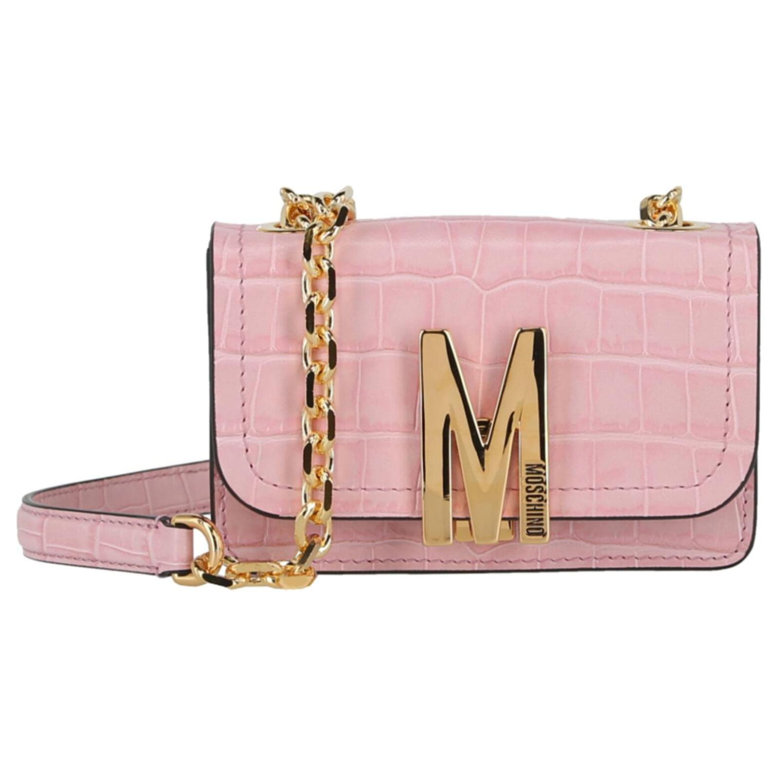 Moschino Croc-Embossed Leather Crossbody Bag Pink
