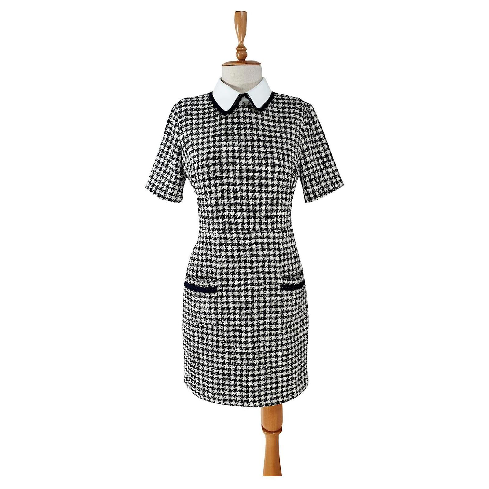 Black and White Houndstooth Midi Dress with Peter Pan Collar | Fitted Style