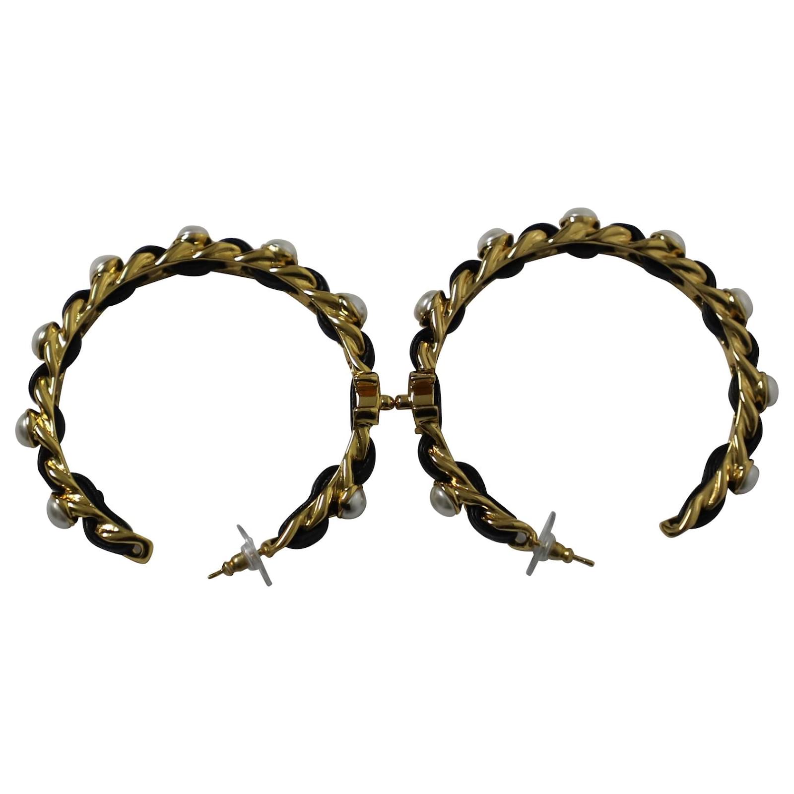 Chanel Faux Pearl & Leather Chain Hoop Earrings in Gold Metal