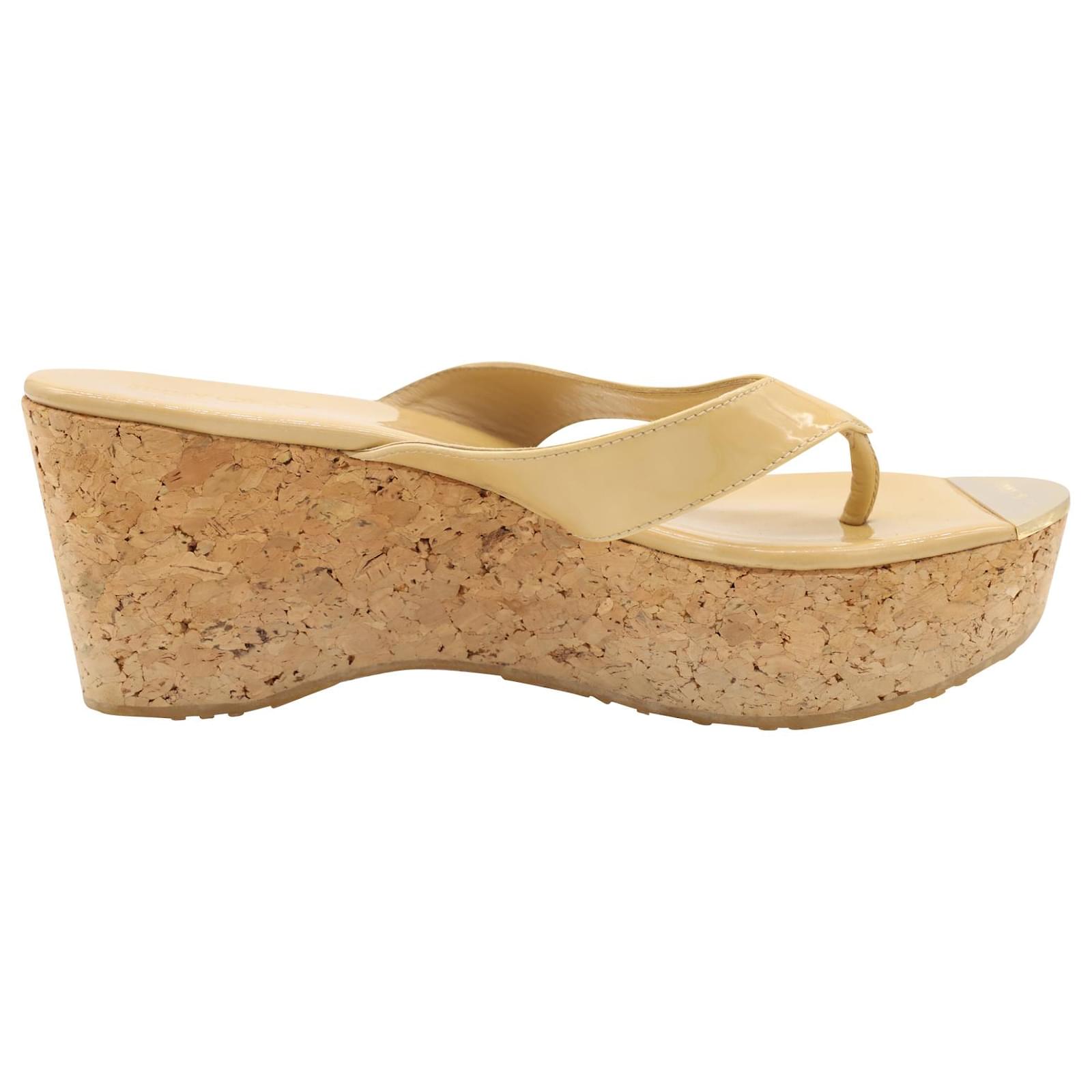 Jimmy Choo Cork Platform Sandals in Beige Patent Leather