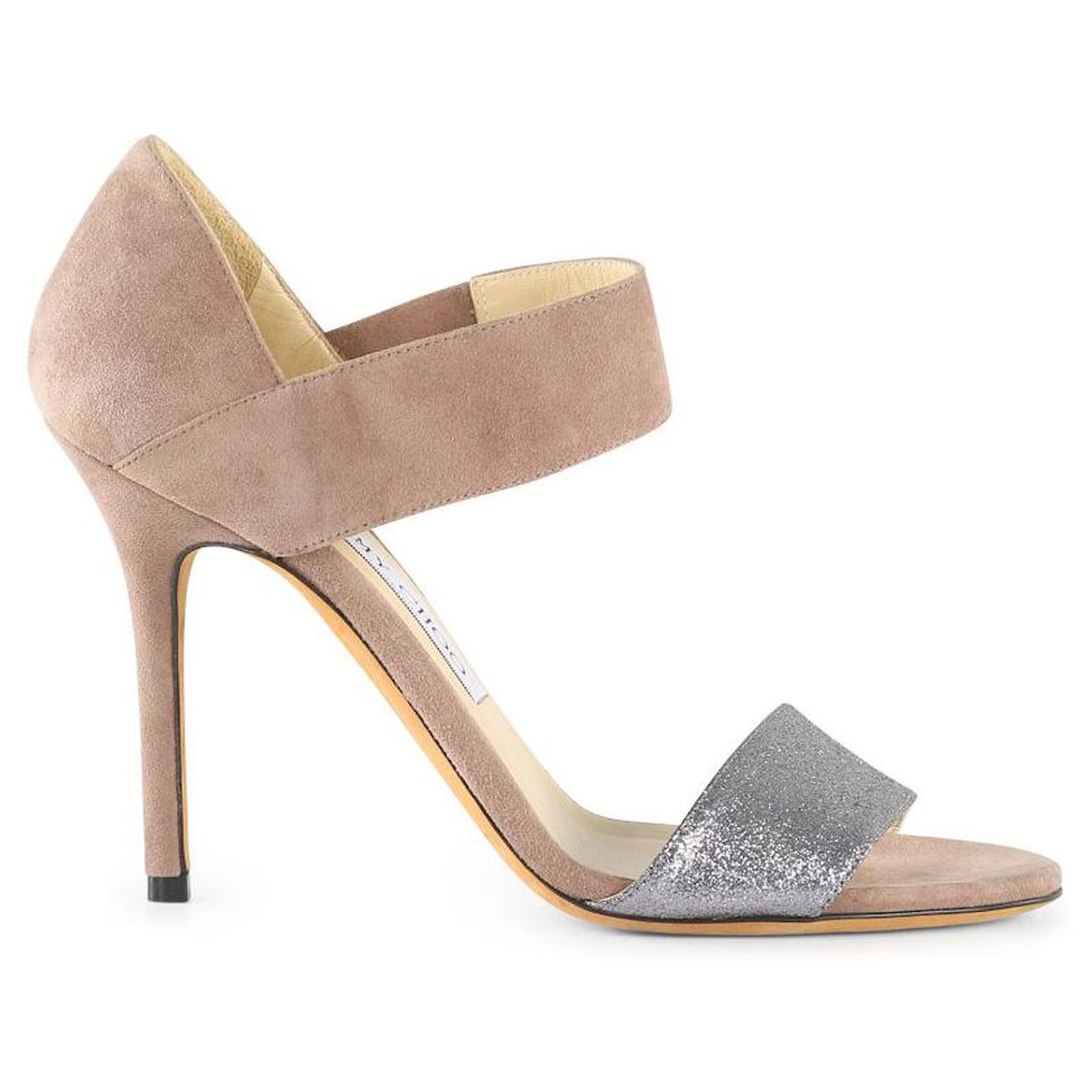 Jimmy Choo Beige Suede & Silver Glitter Tesoro Strap Sandals ref