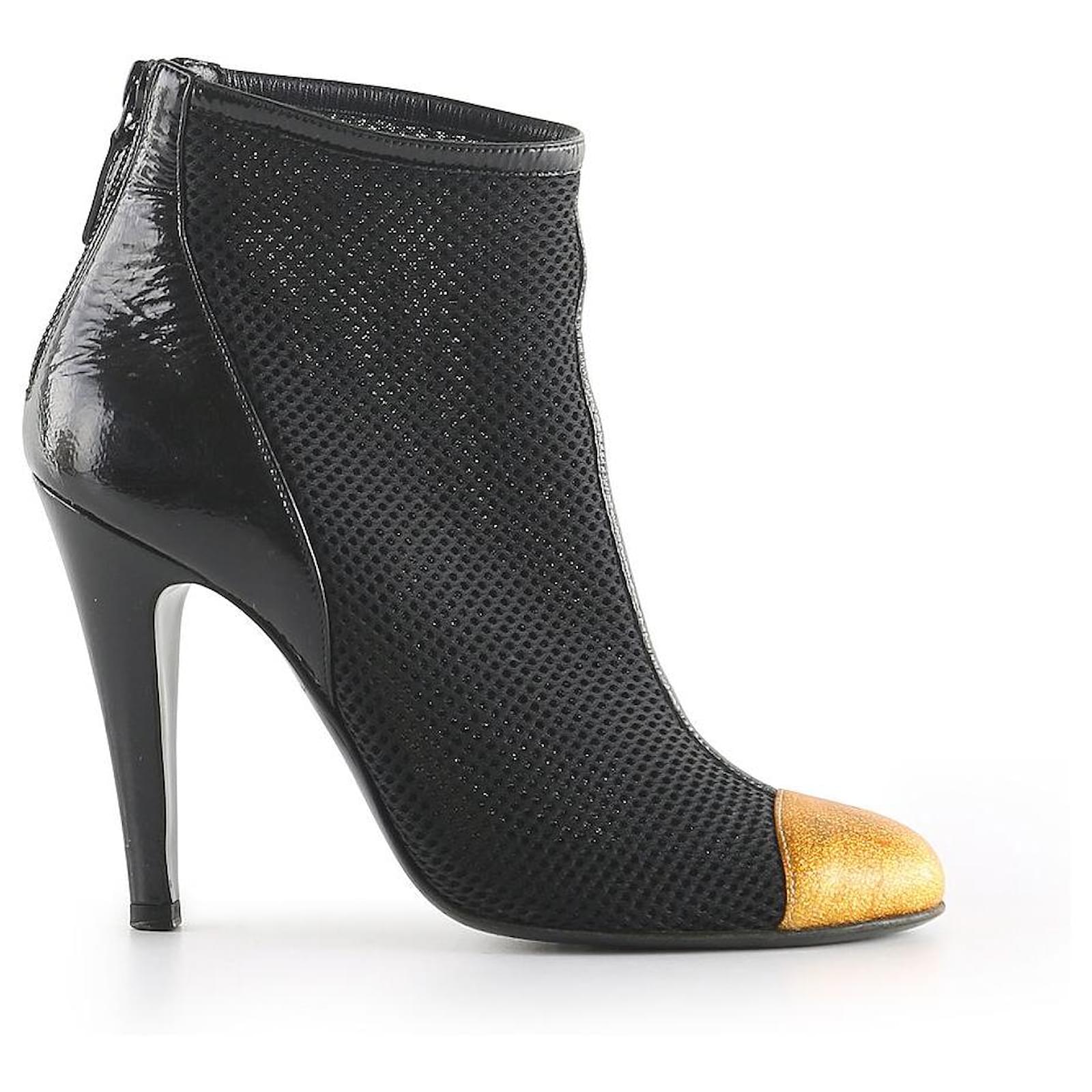Chanel Black Stretchy Mesh & Gold Captoe Ankle Booties Synthetic ref.656271  - Joli Closet