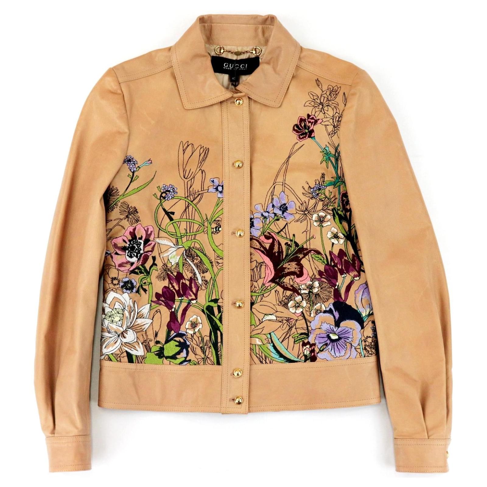 *GUCCI 13SS flower embroidery leather jacket ladies' beige multi 40 cowhide  flower embroidery Domestic regular GUCCI [used]