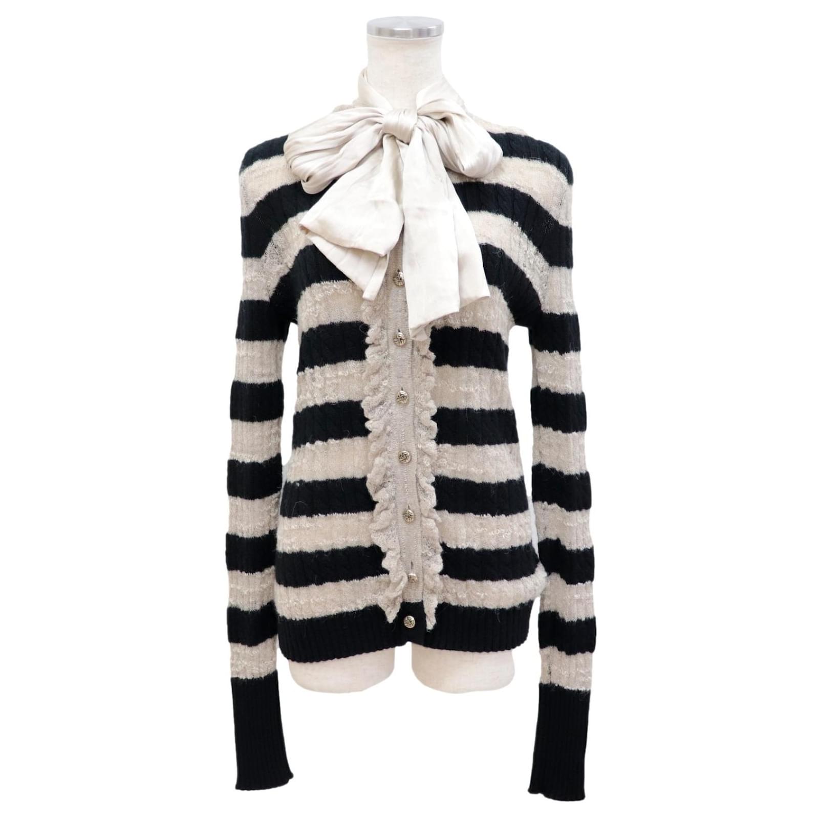 Chanel P42 Border Knitted Cardigan with Ribbon Women's Beige