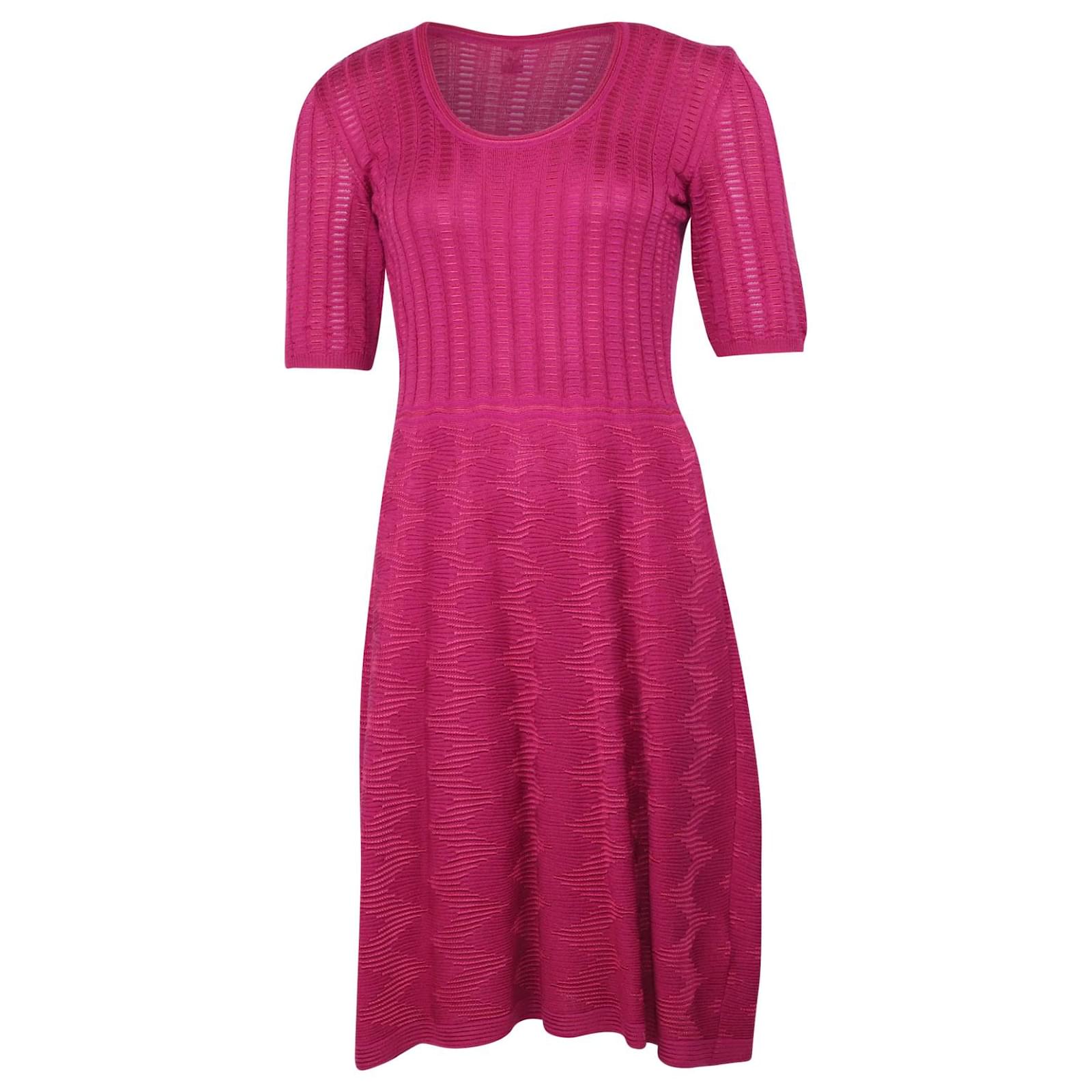 M MISSONI 3/4 Sleeves Scoopneck Crochet Knit Dress in Pink Wool