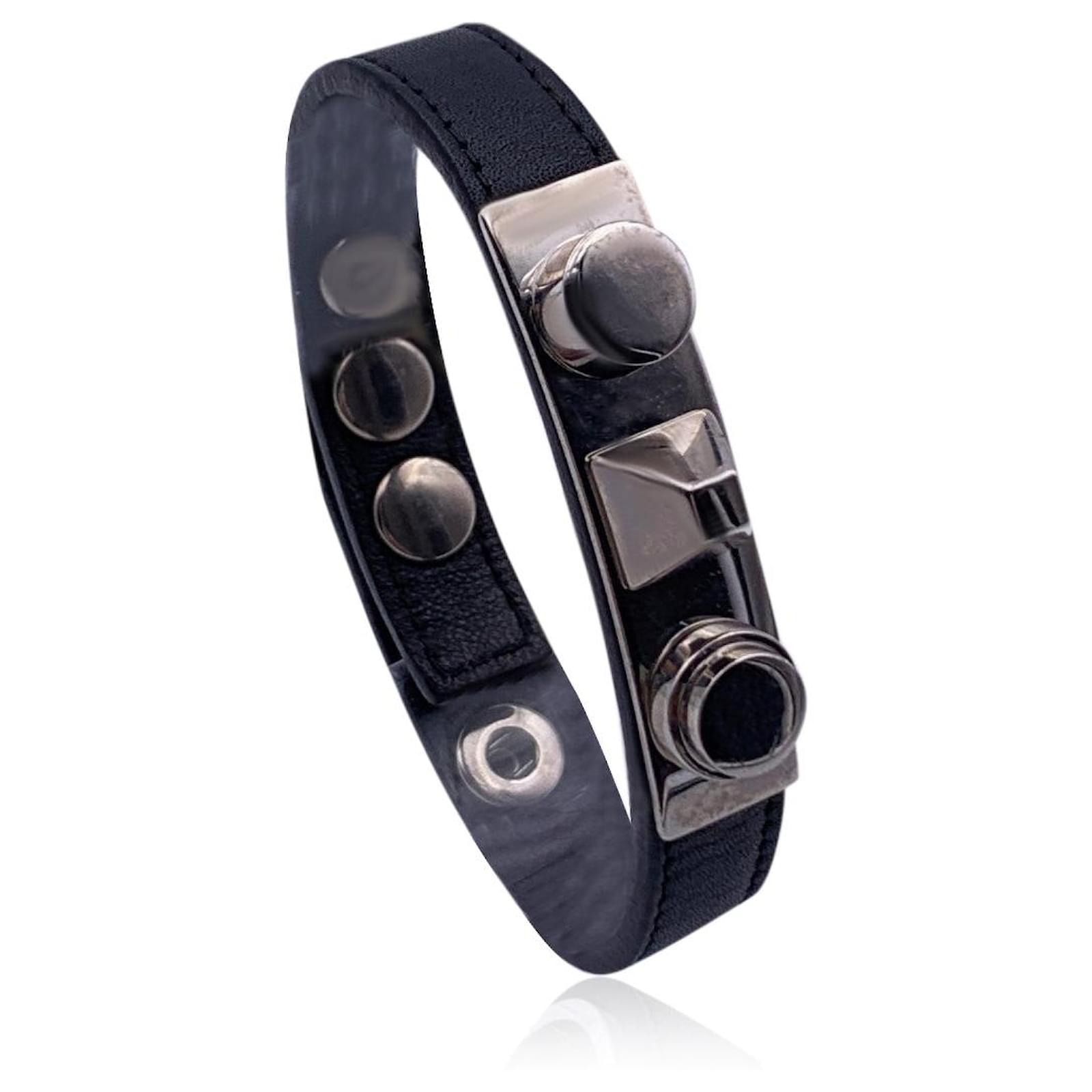アクセサリー Saint Laurent Studded leather bracelet New Authentic SAINT LAURENT Black Leather De Force Gold