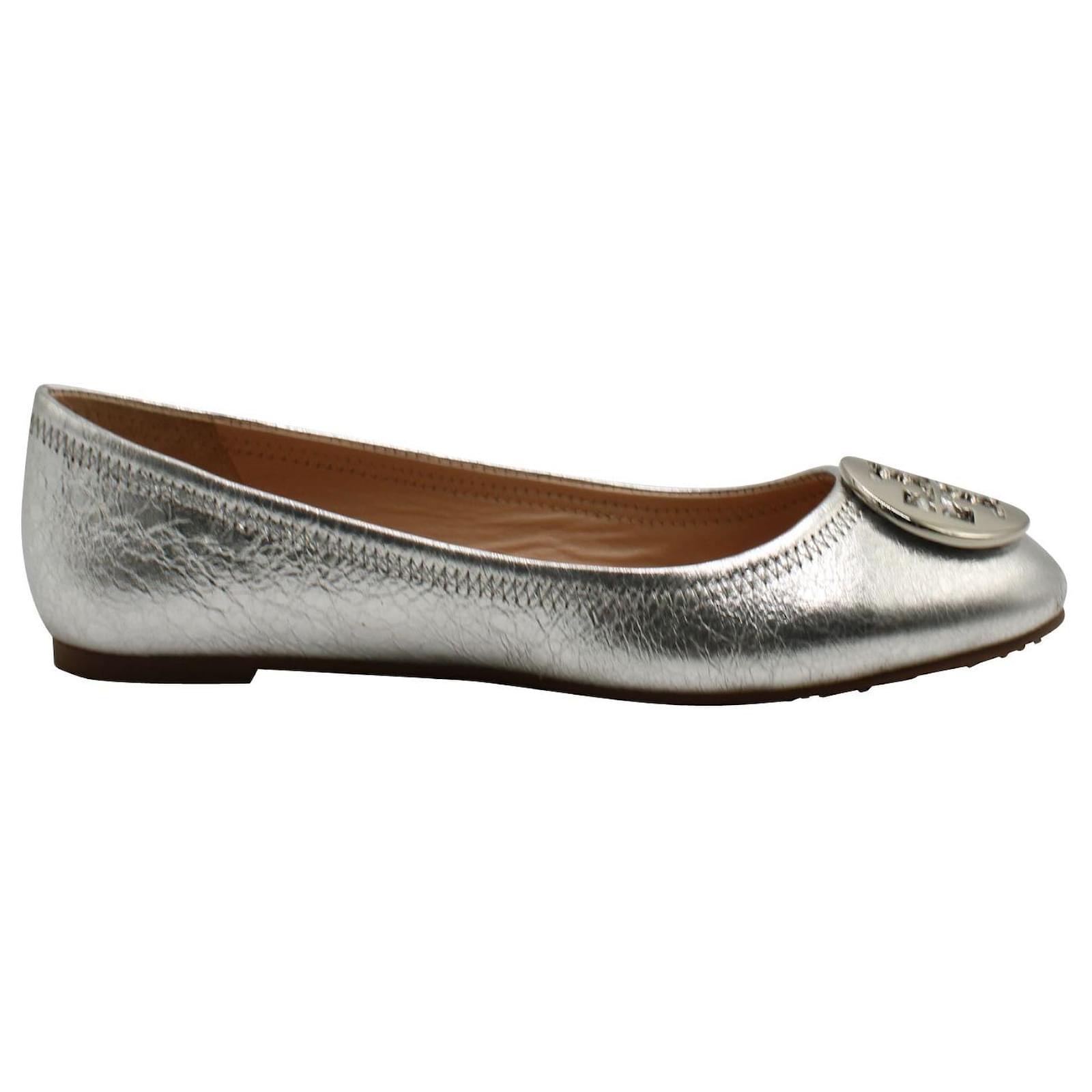 Tory Burch Reva Ballet Shoes in Silver Silvery Metallic Leather   - Joli Closet