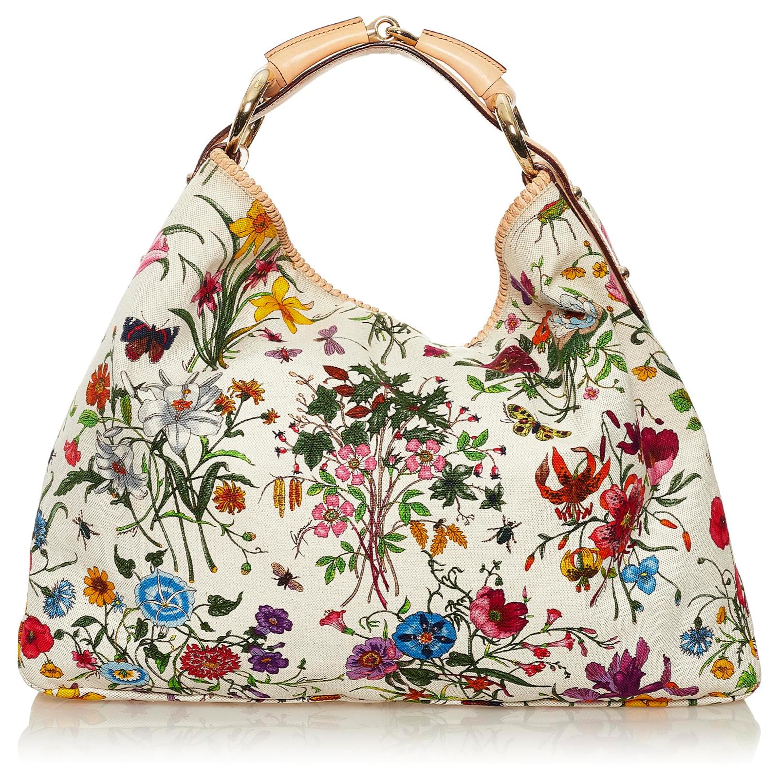 Gucci White Flora Horsebit Hobo Canvas Handbag Cloth Cloth ref