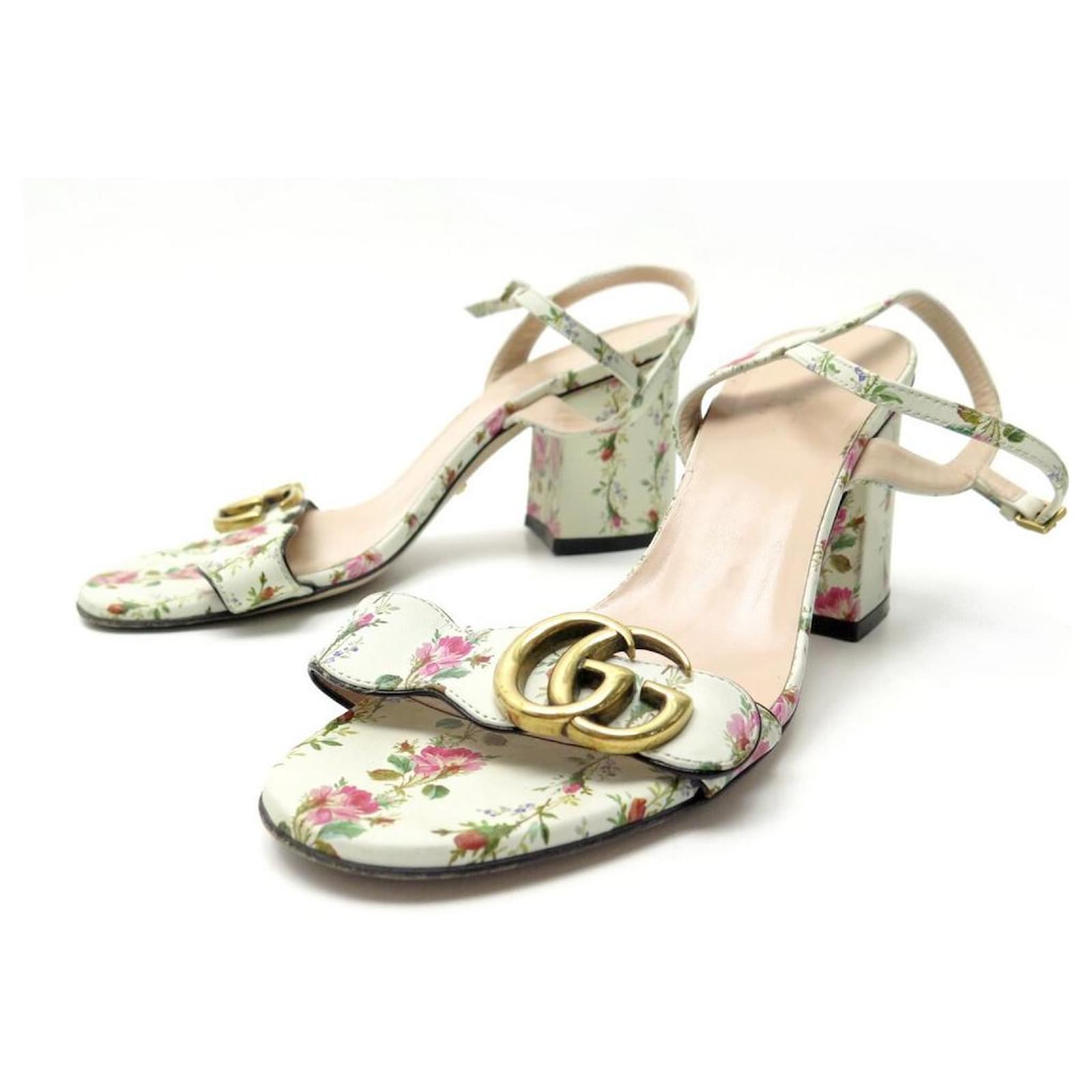 GUCCI lined G MARMONT FLORAL SHOES 35.5 36.5 LEATHER SANDAL SHOES White ref.663624 - Joli