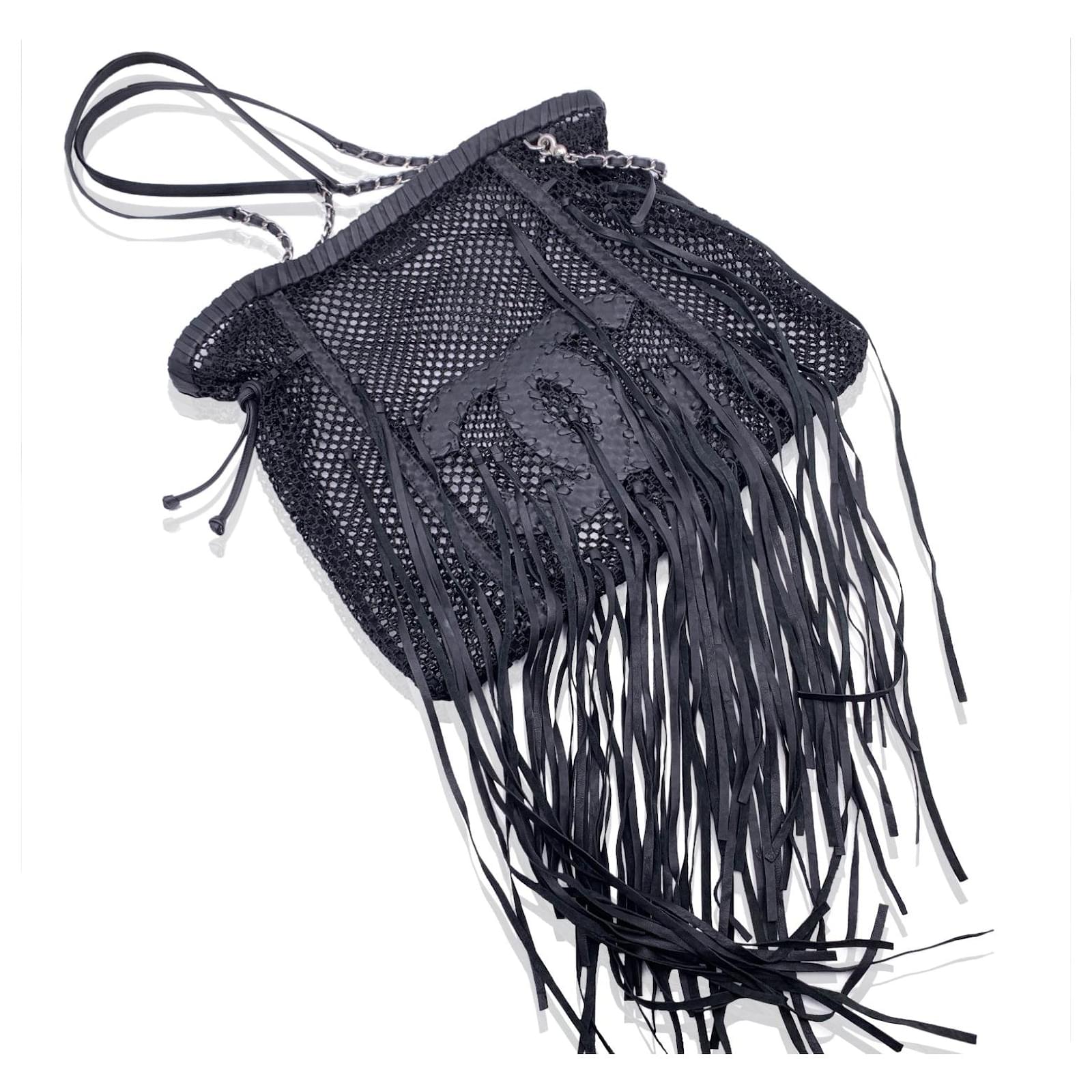 Chanel Limited Edition Resort 2011 Black Leather Fringe Mesh Tote Bag Nylon  ref.664741 - Joli Closet