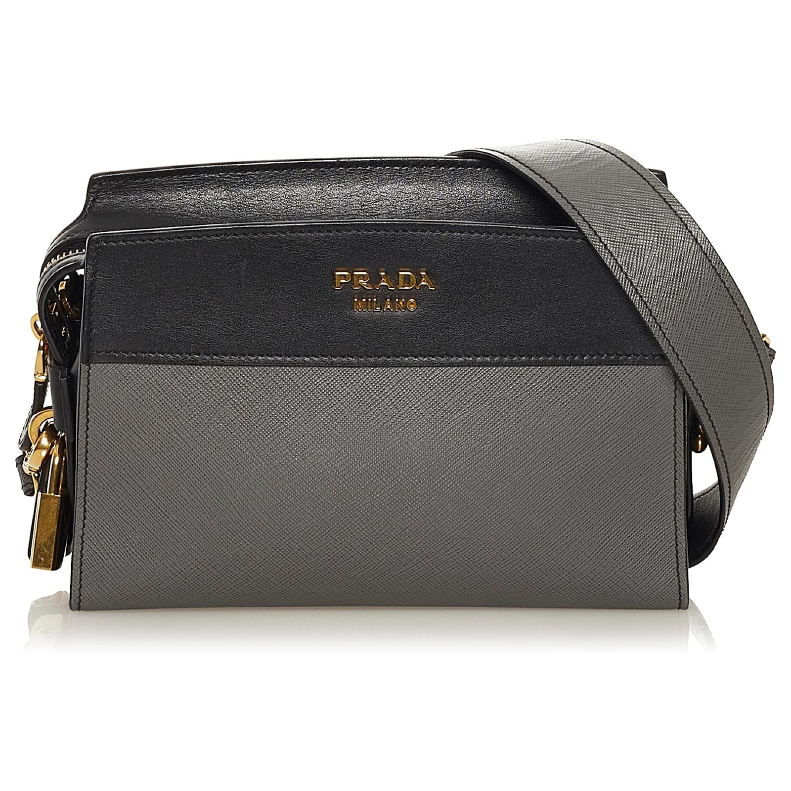 Prada Gray Saffiano Esplanade Satchel Grey Leather Pony-style calfskin   - Joli Closet