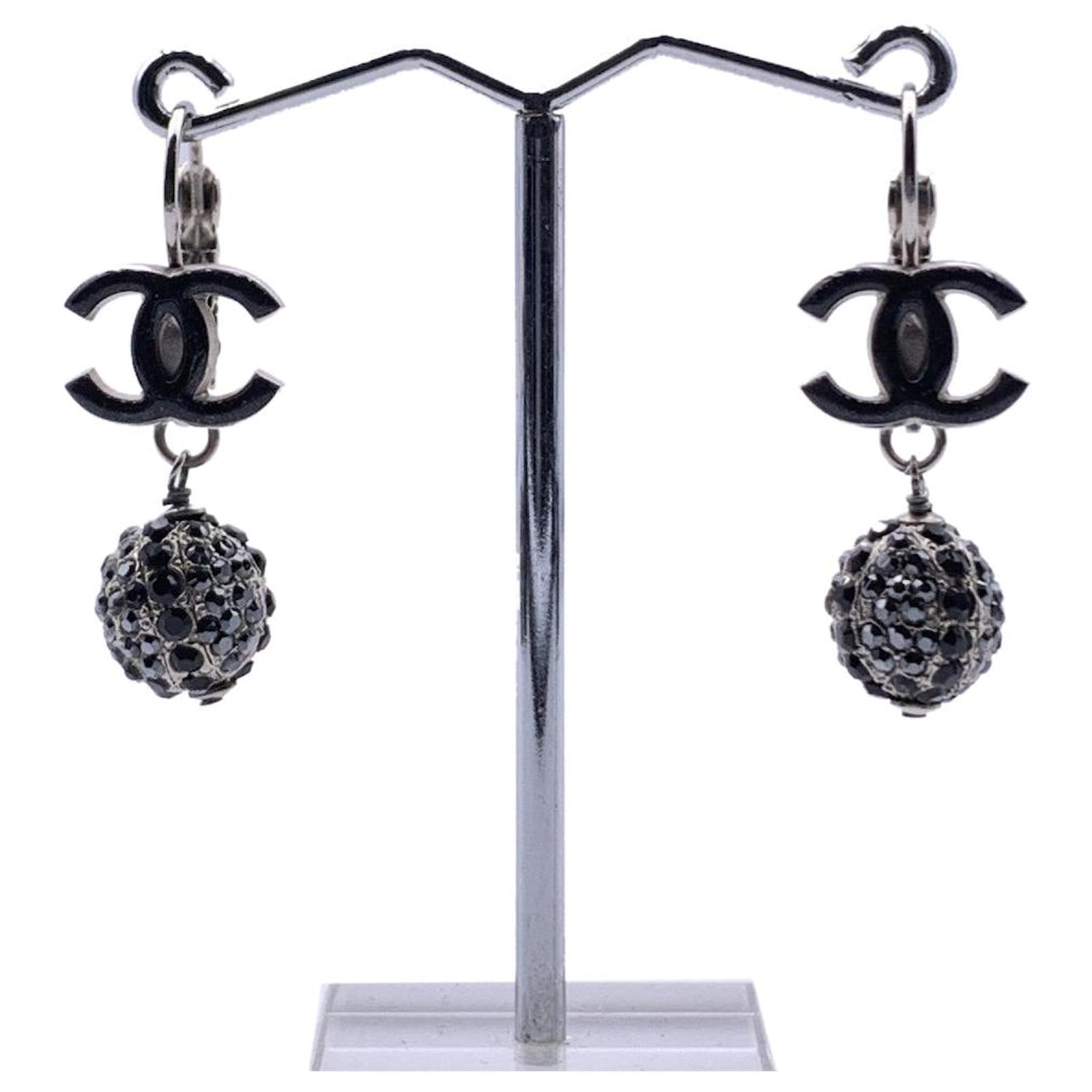 Chanel Silver Metal Crystal and Black Enamel CC Logo Drop Earrings