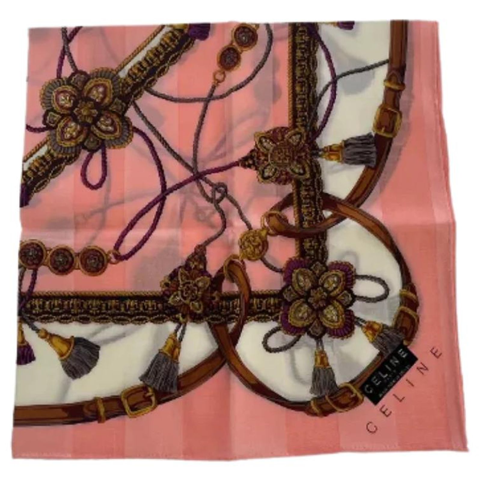 Foulard Céline En Soie – Modèle Vintage Couleur Marron, Occasion En Bon état – Écharpe Carrée Ou Bandana