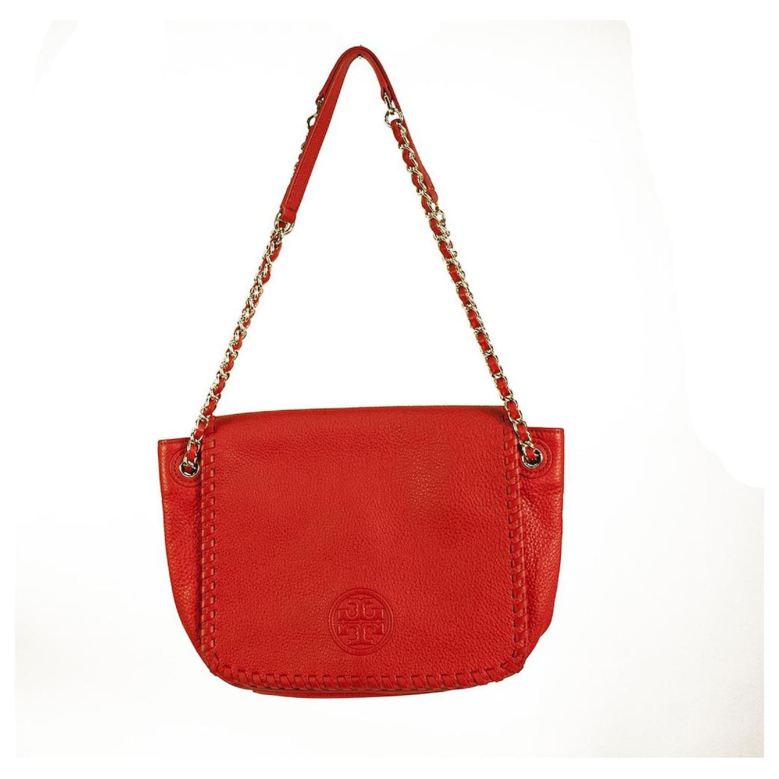 Tory Burch Marion Red Pebbled Leather Flap Top Chain Strap Shoulder Bag  Handbag  - Joli Closet
