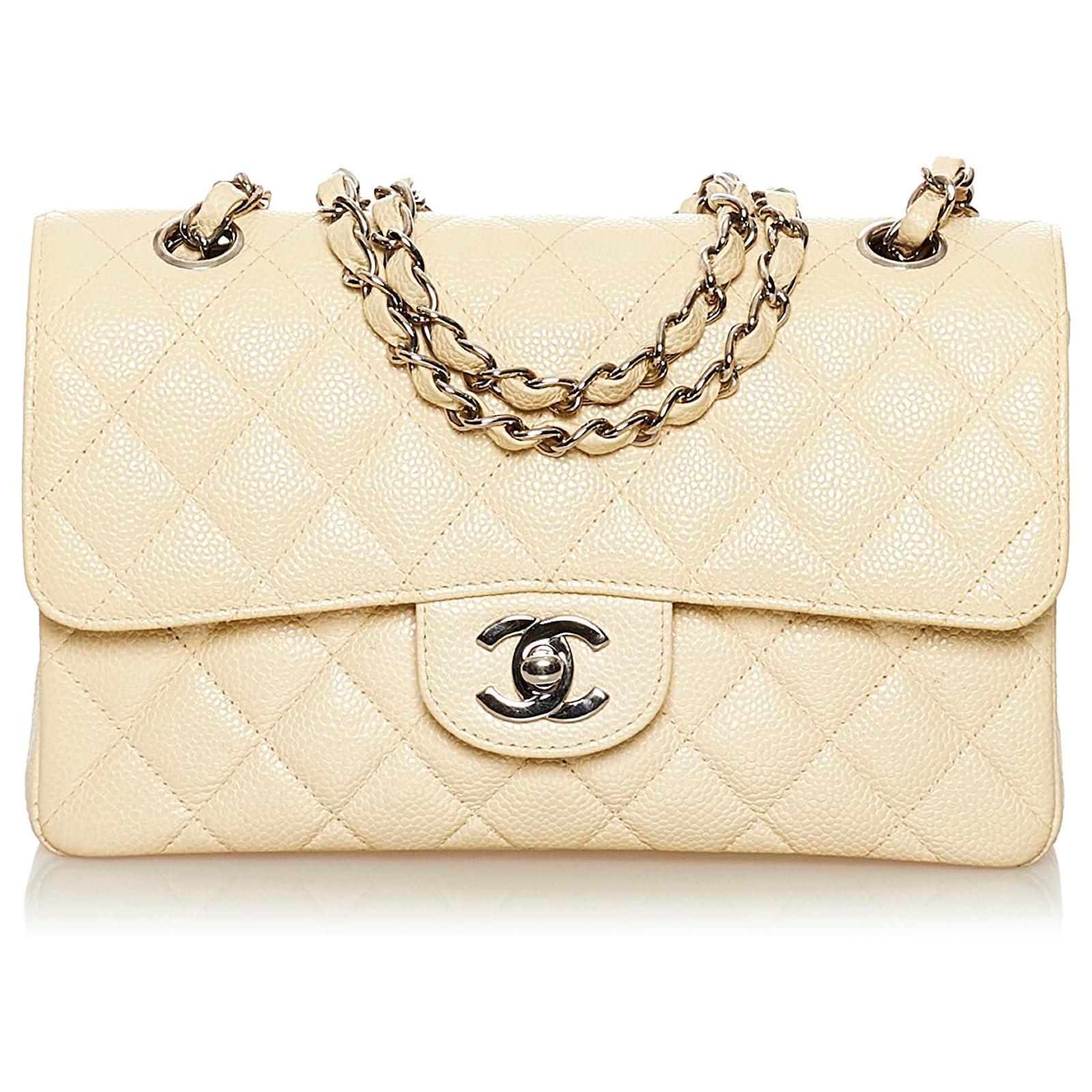 Chanel Yellow Small Classic Caviar Leather Double Flap Bag Beige