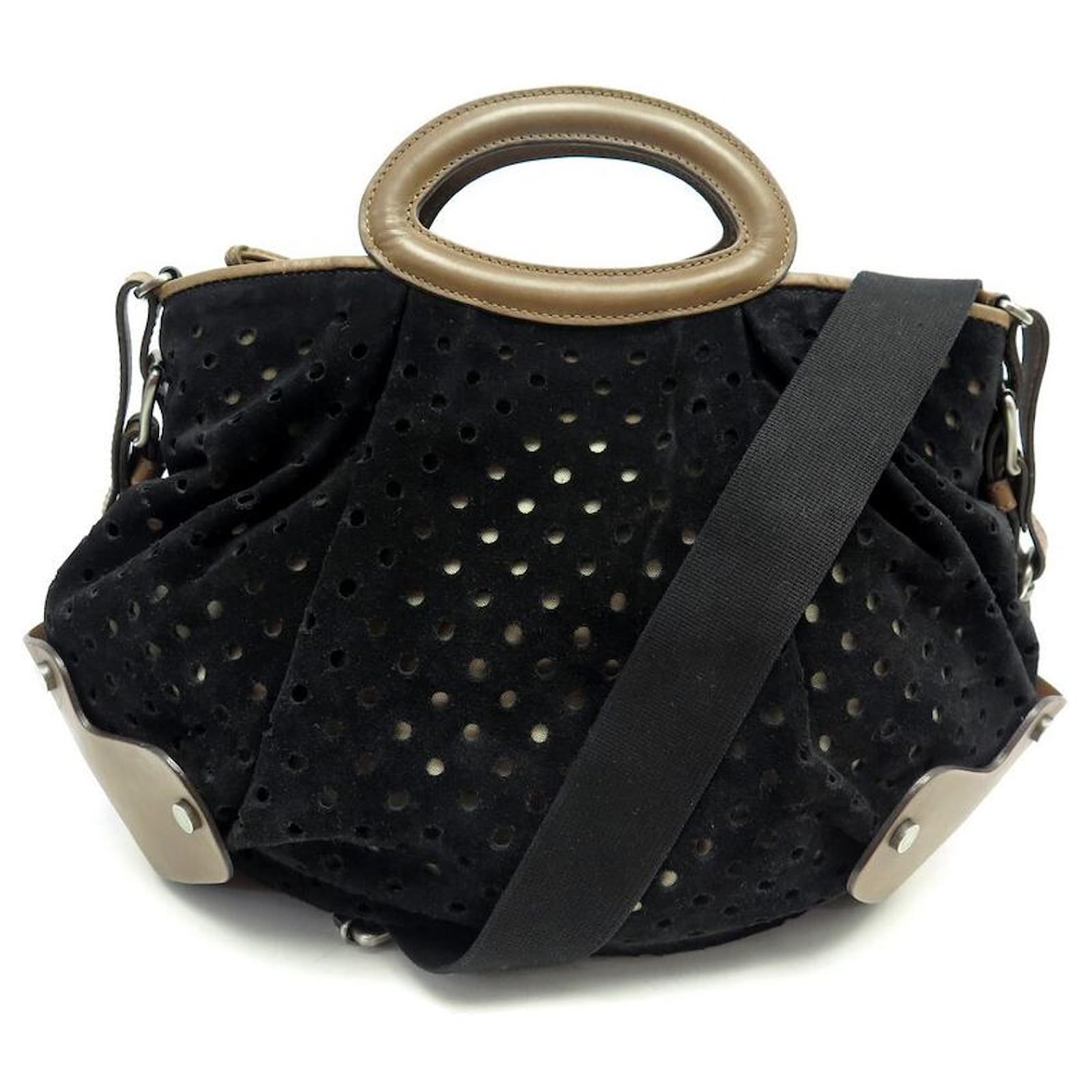 Marni Handbag In Brown Leather And Black Suede Perforated Bandouliere Perforated Purse Ref671068 4363