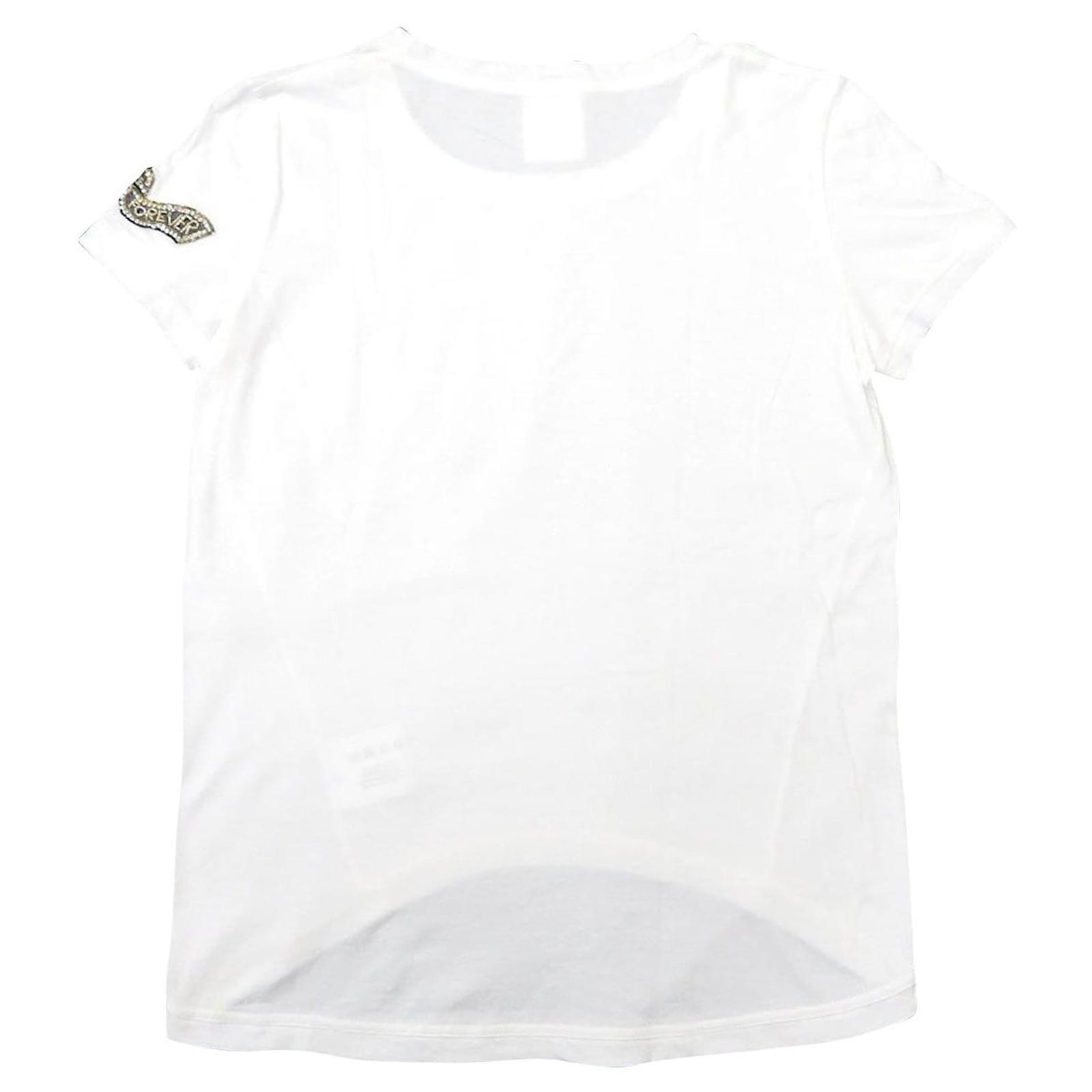 * Chanel Logo Emblem T-shirt Ladies FOREVER Beads White