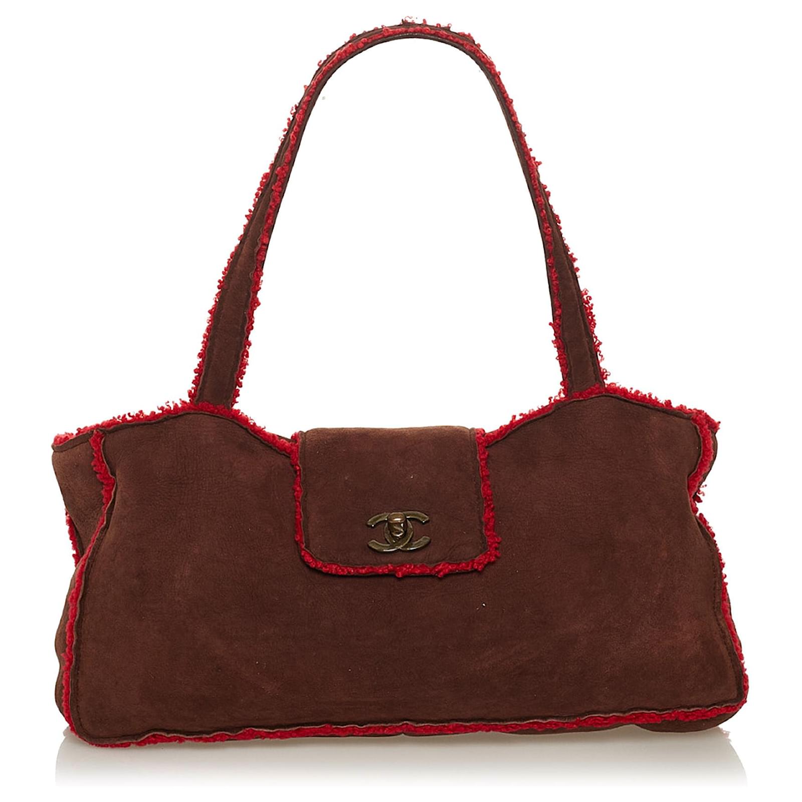 CHANEL Suede Shearling Fur Handbag Red 76904