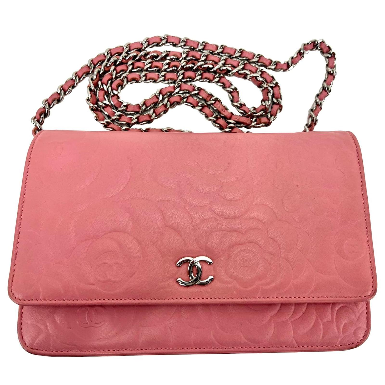 Chanel Wallet Camellia Embossed Pink Lambskin Wallet on a Chain WOC Clutch  Preowned