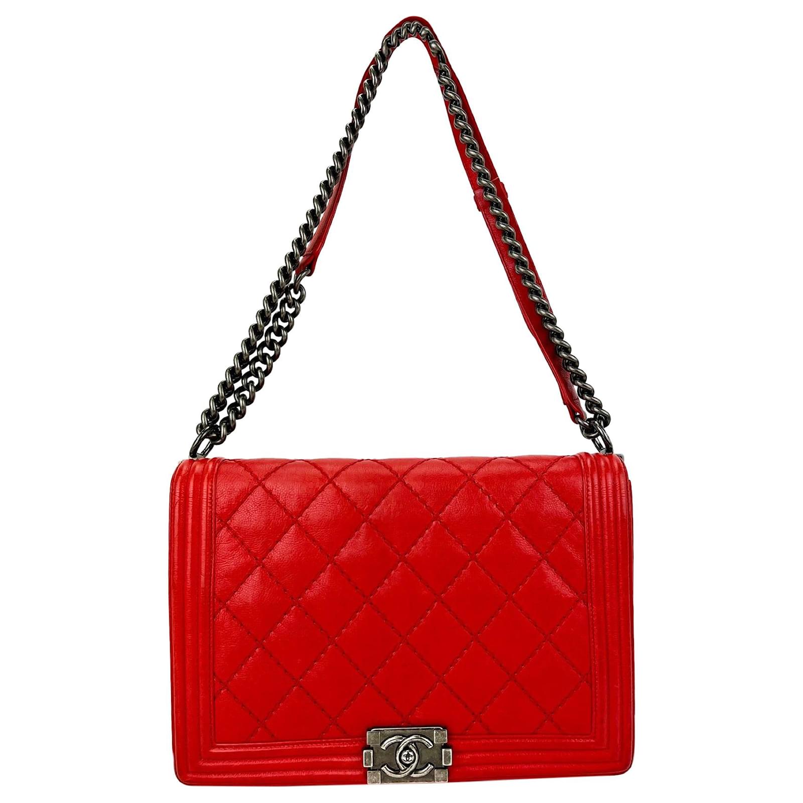 Handbags Chanel Chanel Handbag Quilted Stitch Large Flap Red CC Leather Shoulder Hand Bag Preowned