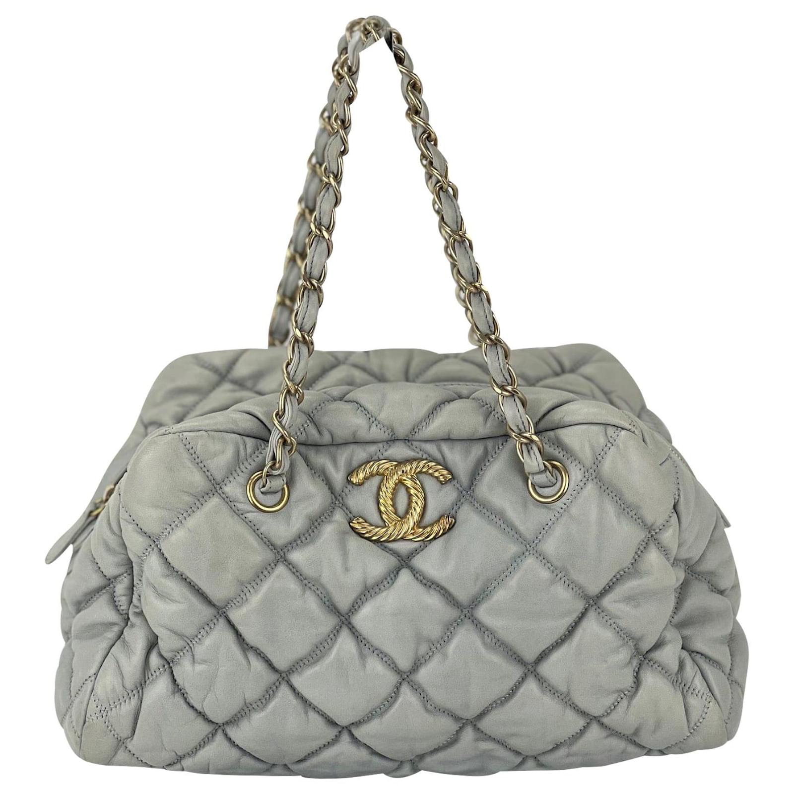 Chanel Handbag Large Bubbled Quilted Grey Bowler Soft Leather