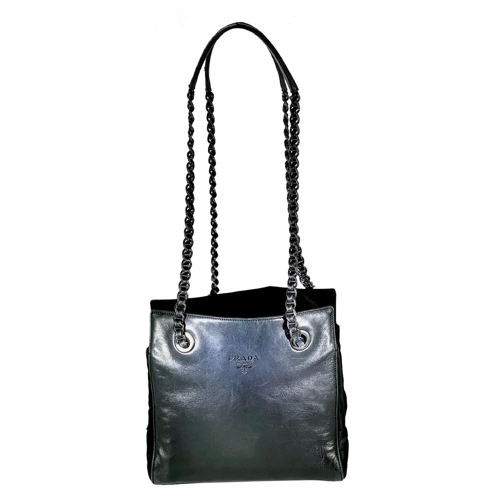 PRADA Women's Bag Cantena Black Soft Nappa Leather Black Chain Tote Bag  Preowned  - Joli Closet
