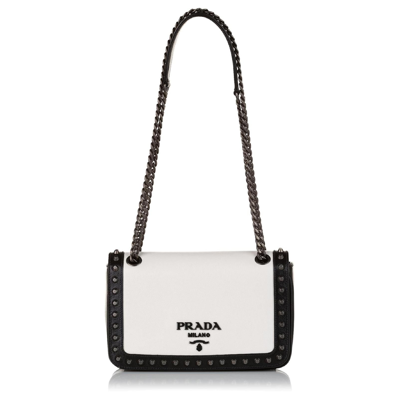 Prada Black Glace Leather Studded Flap Shoulder Bag Prada