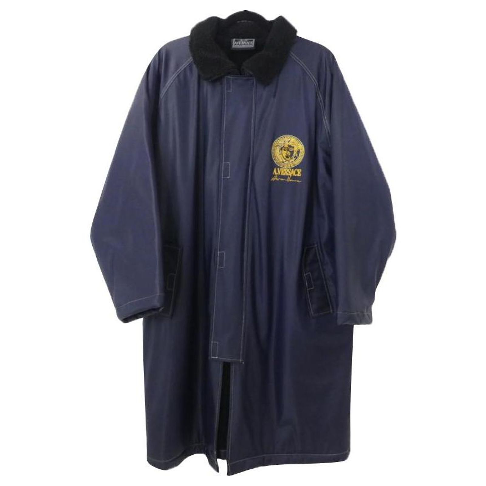 *Versace Back Medusa Embroidered Inner Boa Bench Coat Navy blue ...
