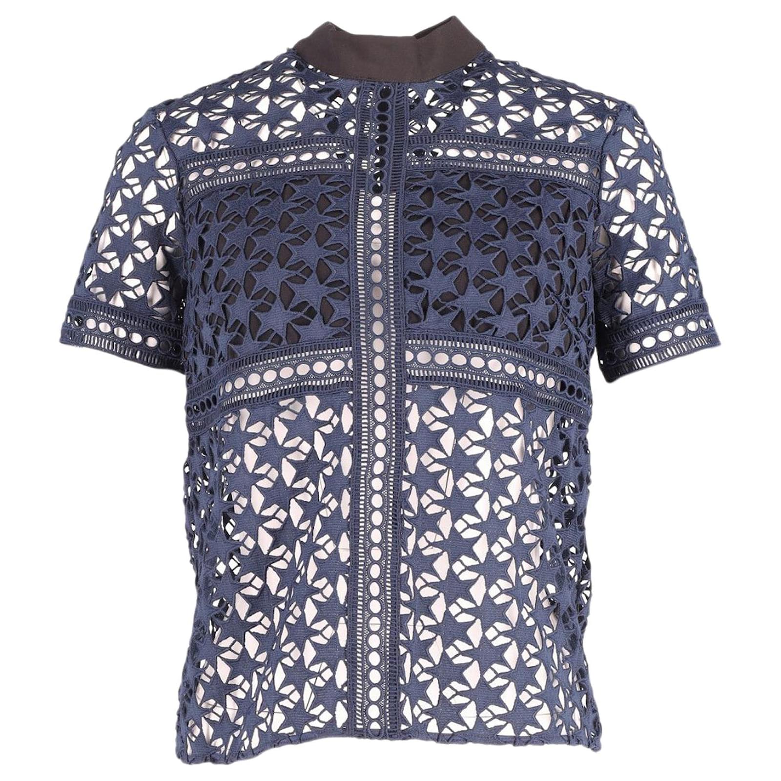 self-portrait◆NAVY BLUE SHEER LACE BLOUSE/8/ポリエステル/ネイビー/SP12-063 Self portrait Self-Portrait Star Pattern Sheer Top in Navy Blue