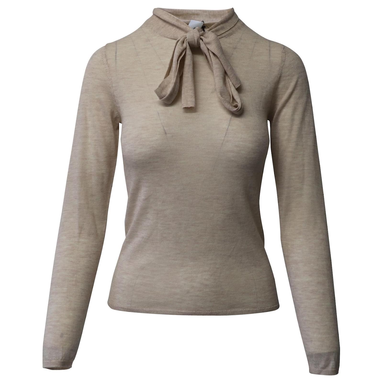 Iris & Ink Pull Fine Jauge à Col Noué en Cachemire Beige Laine ref ...