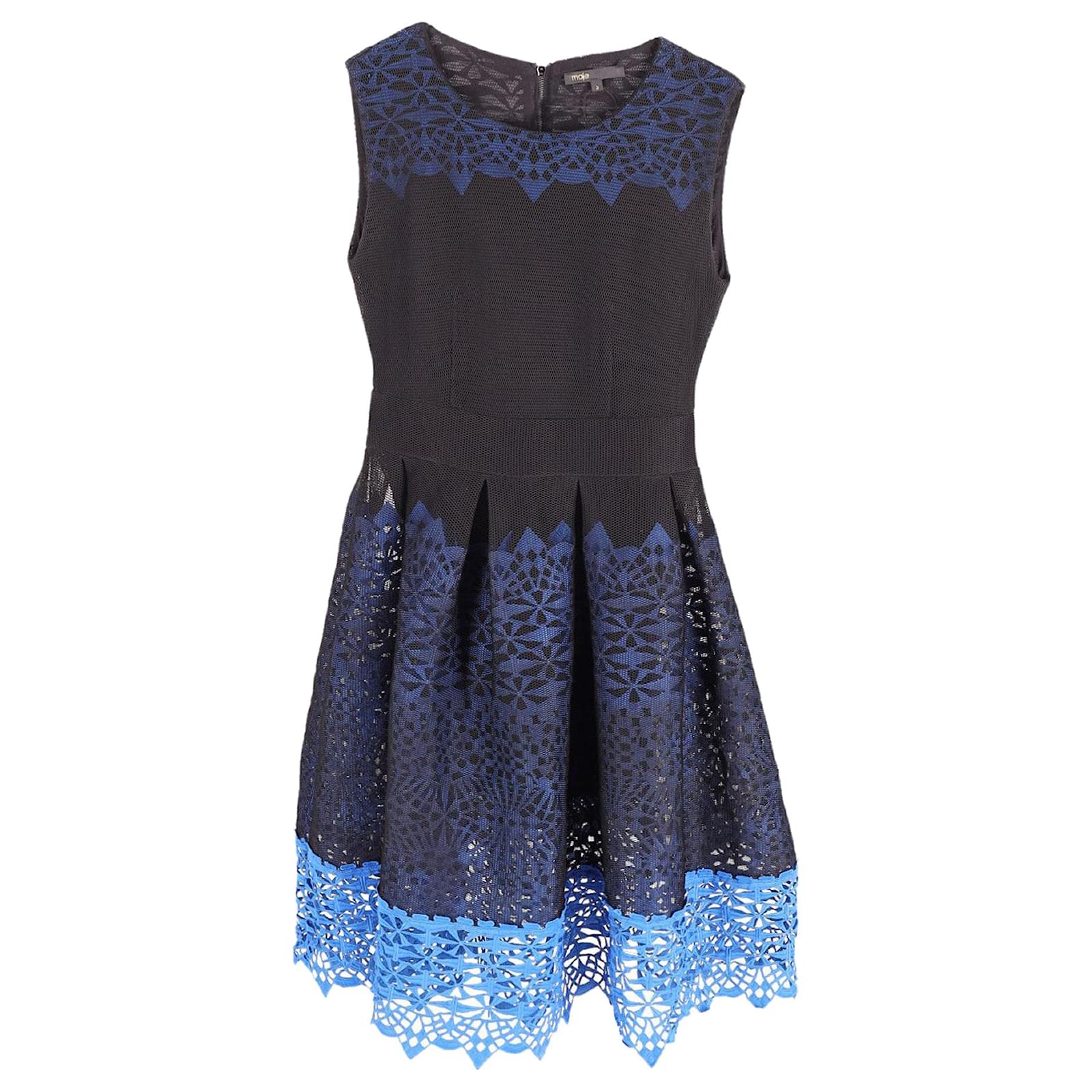 Maje Cut out Lace Sleeveless Pleated Midi Dress in Black Blue Polyester ref.677446 Joli Closet