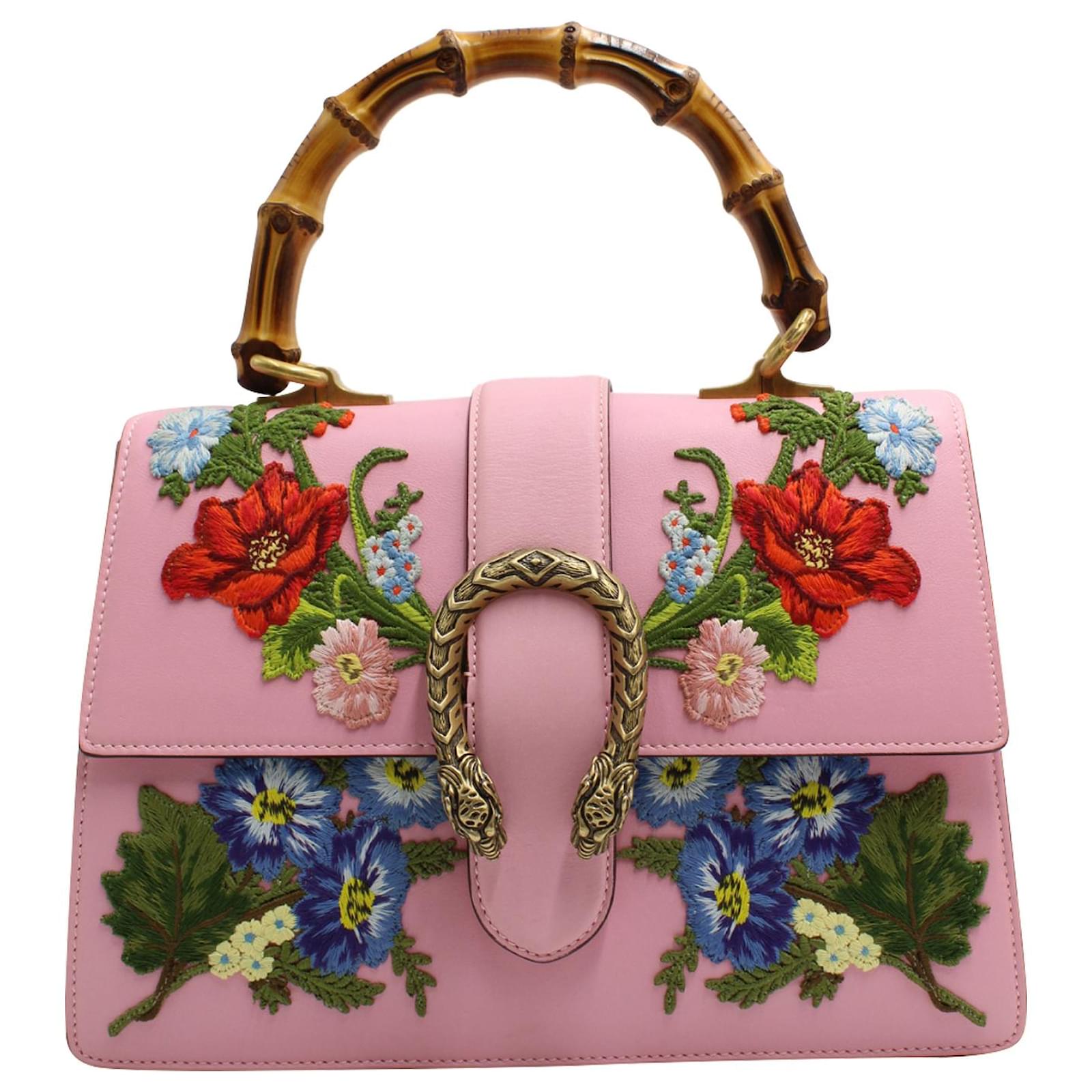 Gucci Floral-Embroidered Small Dionysus with Bamboo Handle in Pink