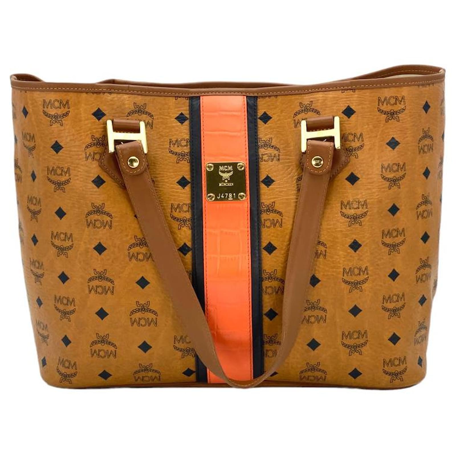 MCM Visetos Rudic Canvas Shopper Tote Bag Cognac Orange