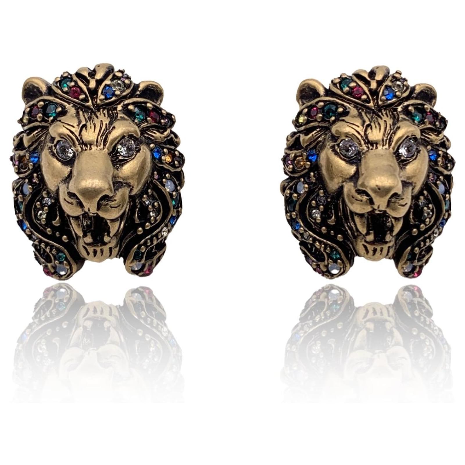 Gucci Gold Metal Lion Head Clip On Earrings With Multicolor Crystals Golden   - Joli Closet