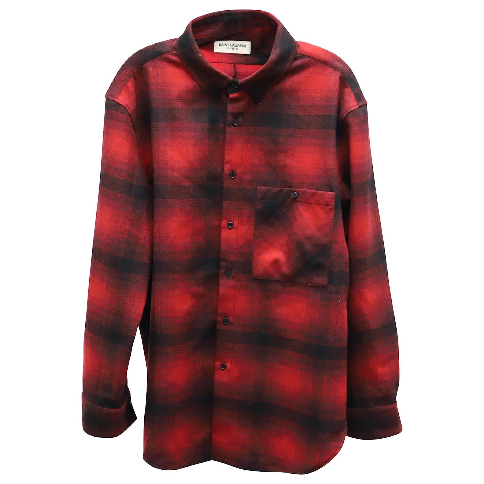 Saint Laurent Button-Down Collar Checked Shirt in Red Wool-Blend