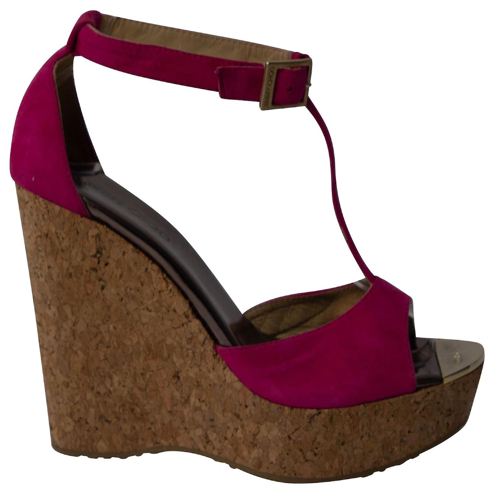 Jimmy Choo T-Bar Peep Toe Wedge in Pink Suede ref.687420 - Joli Closet