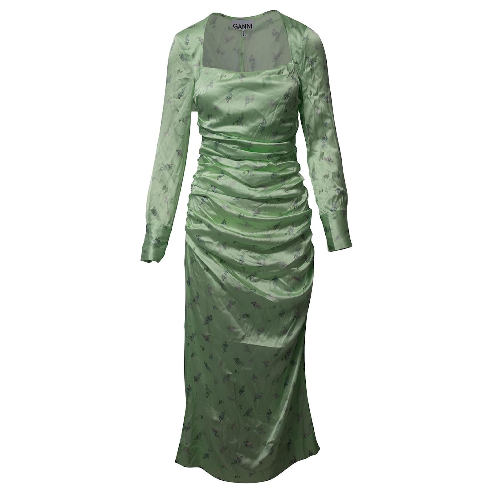 Ganni Floral Satin Maxi Dress Ganni BLUE FLORAL CRINKLED SATIN LONG DRESS
