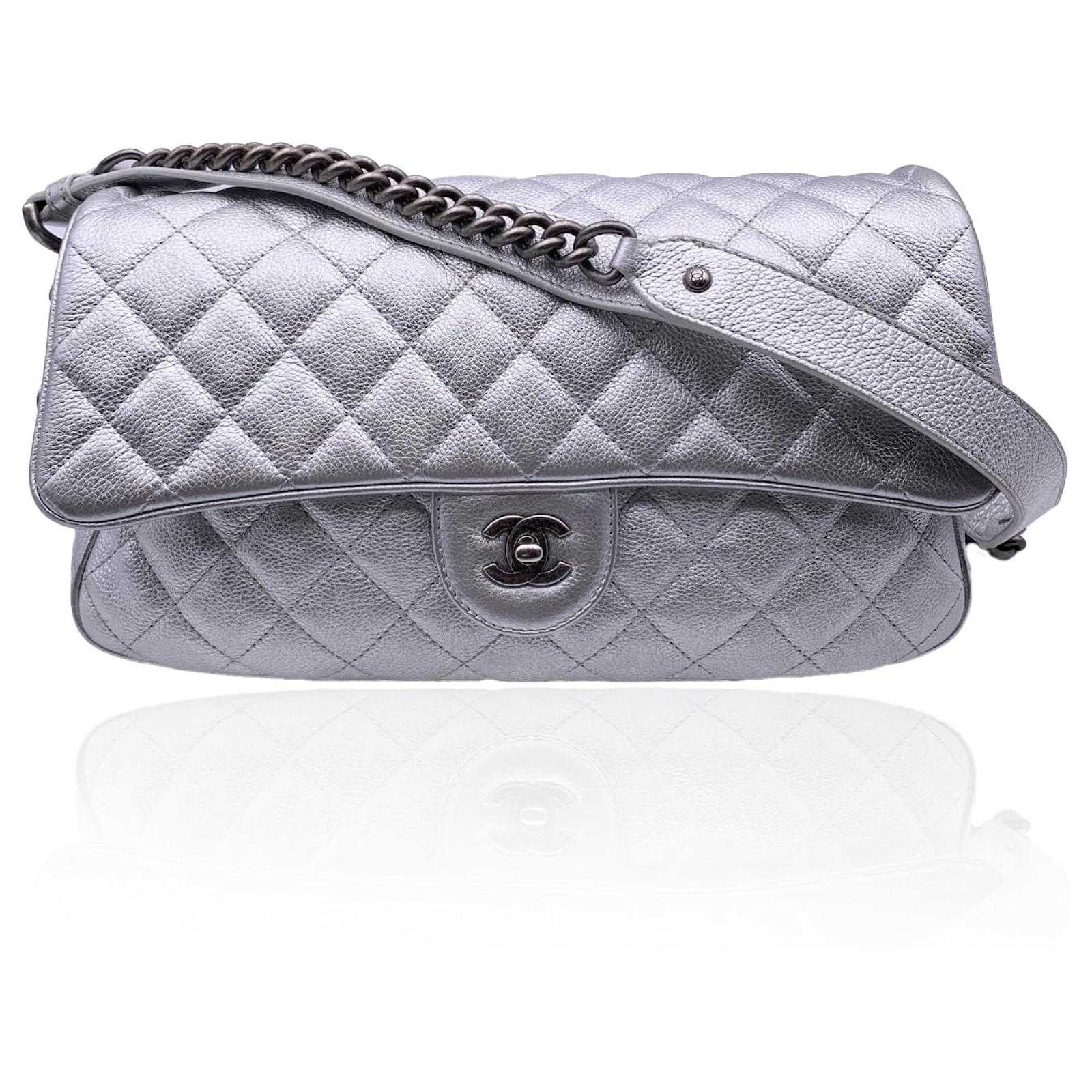 Handbags Chanel Airline 2016 Silver Metal Quilted Leather Easy Flap Shoulder Bag