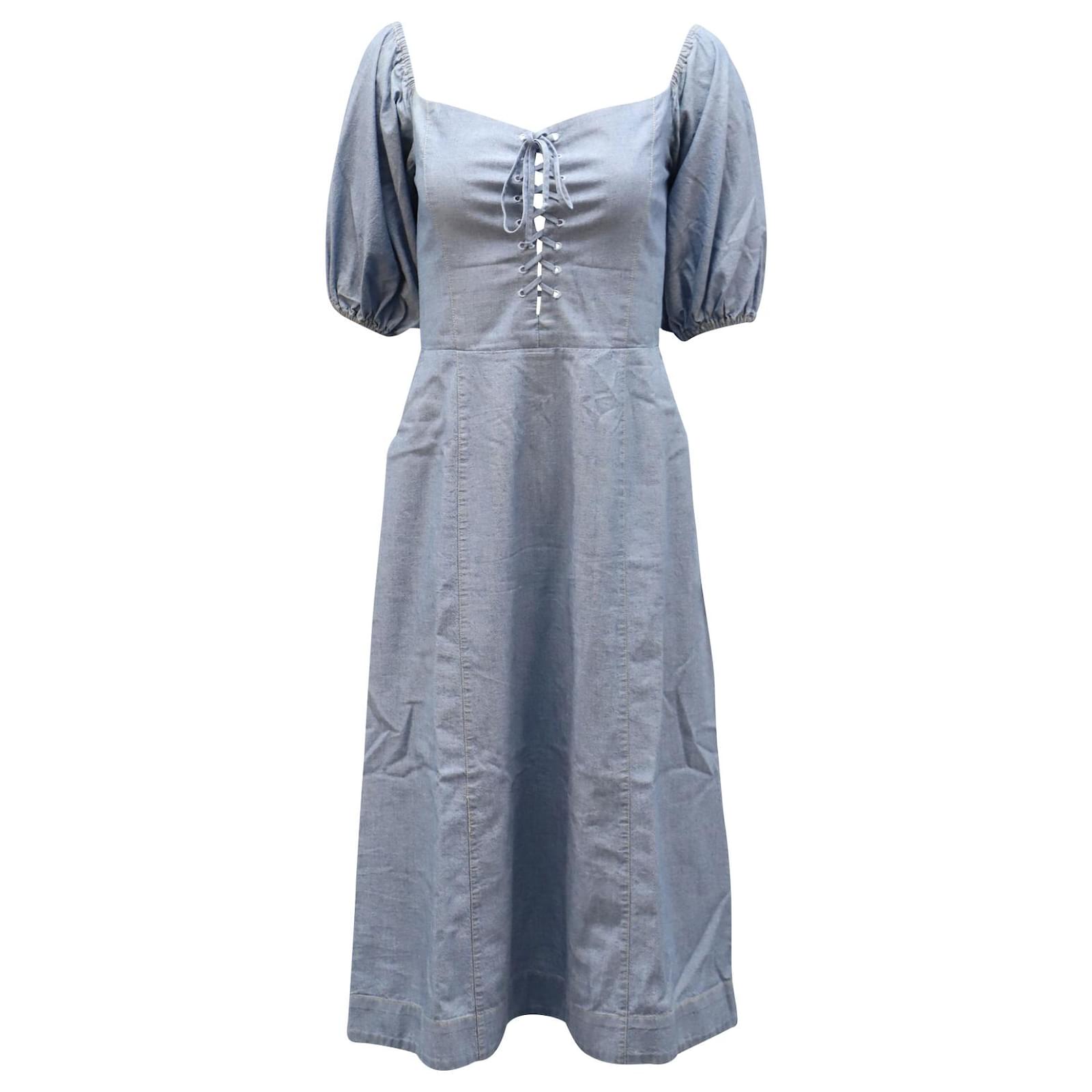 Sea New York Puffy Sleeve Shirred Dress in Light Blue Cotton ref