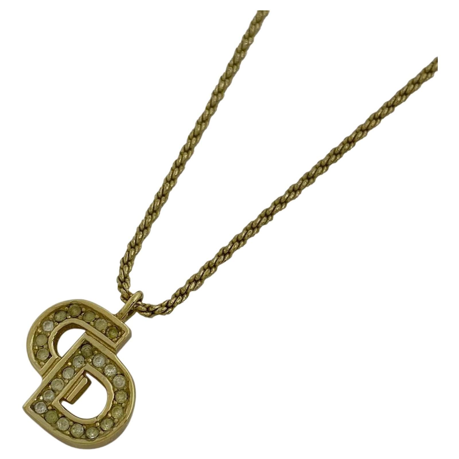 *Christian Dior Logo Rhinestone Necklace Golden Goldplated ref.691286