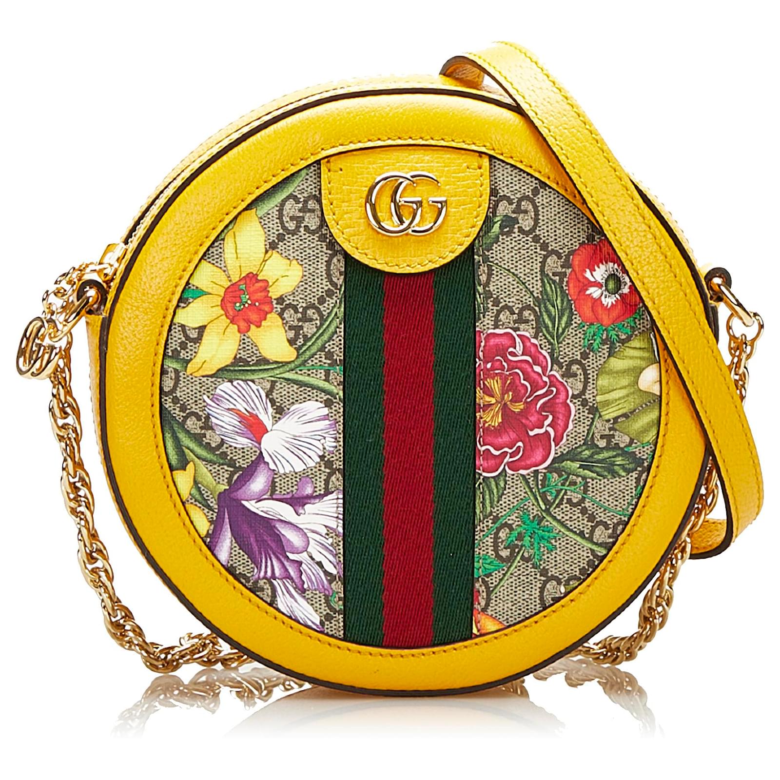 Gucci Brown GG Supreme Round Flora Ophidia Crossbody Bag Beige Yellow