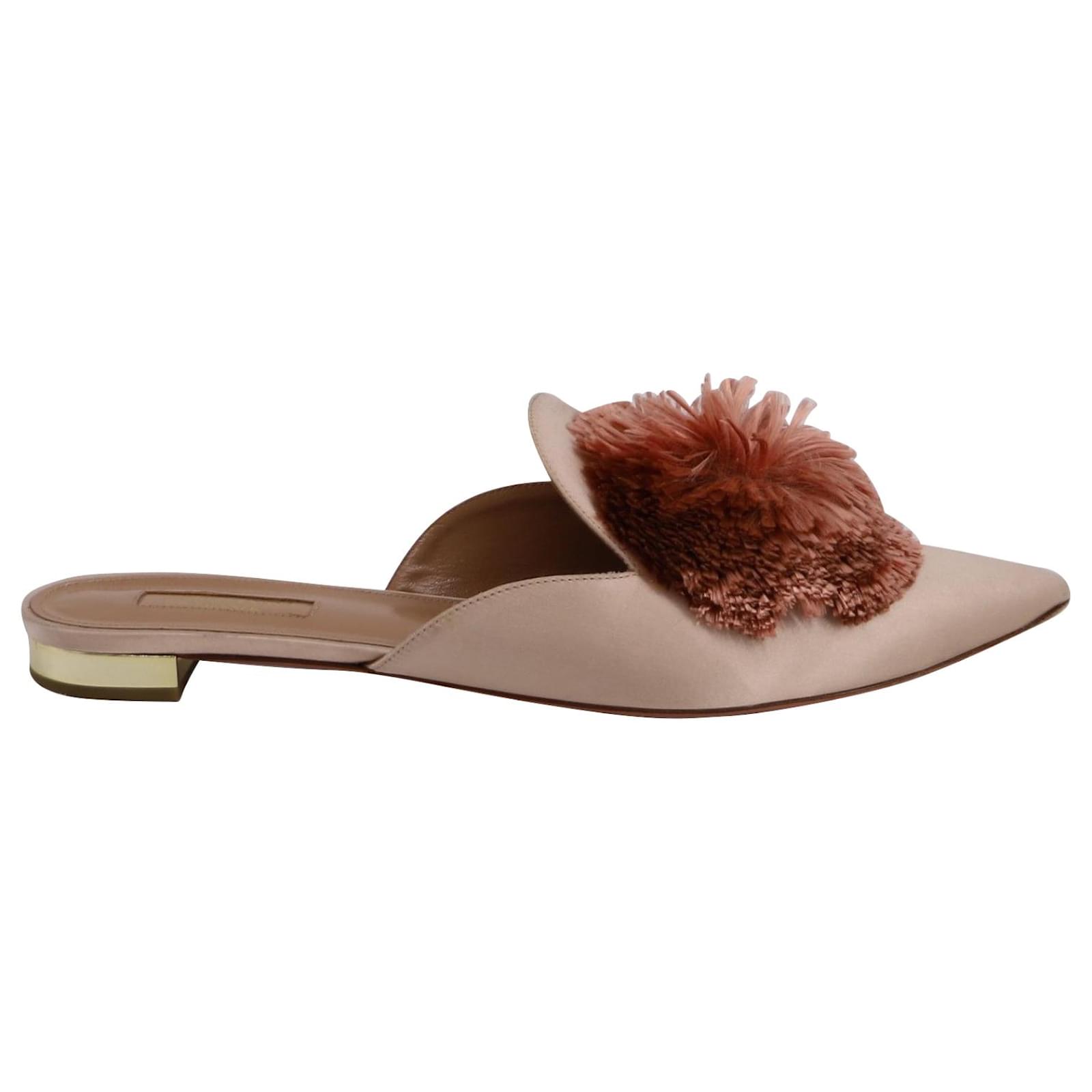 Christian Louboutin Aquazzura Powder Puff Pompom Mules In Beige Satin Ref 6940 Joli Closet