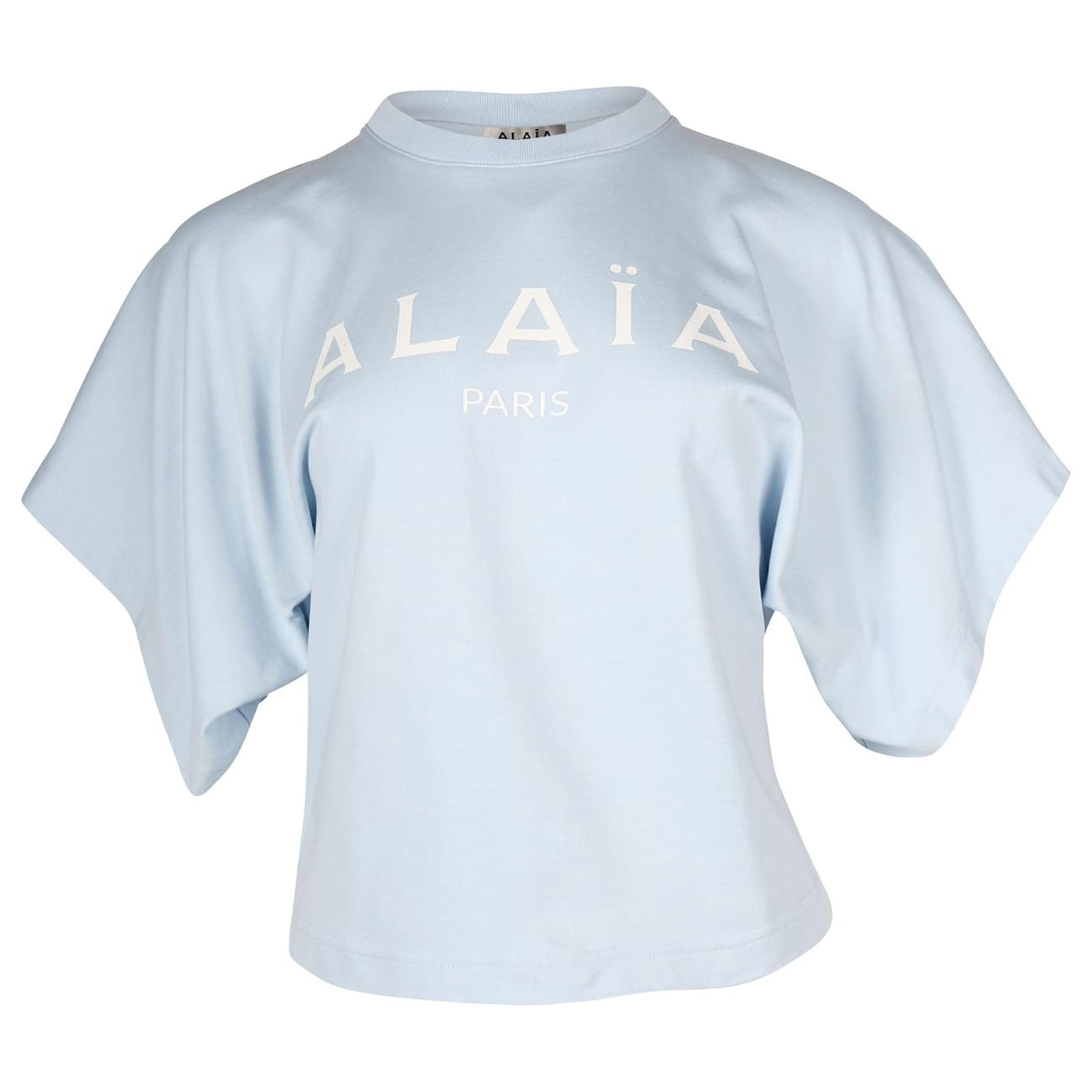 Tシャツ・カットソー ALAIA Cropped cotton blend top Alaïa Alaia Cropped Printed T-shirt in Light Blue Cotton ref