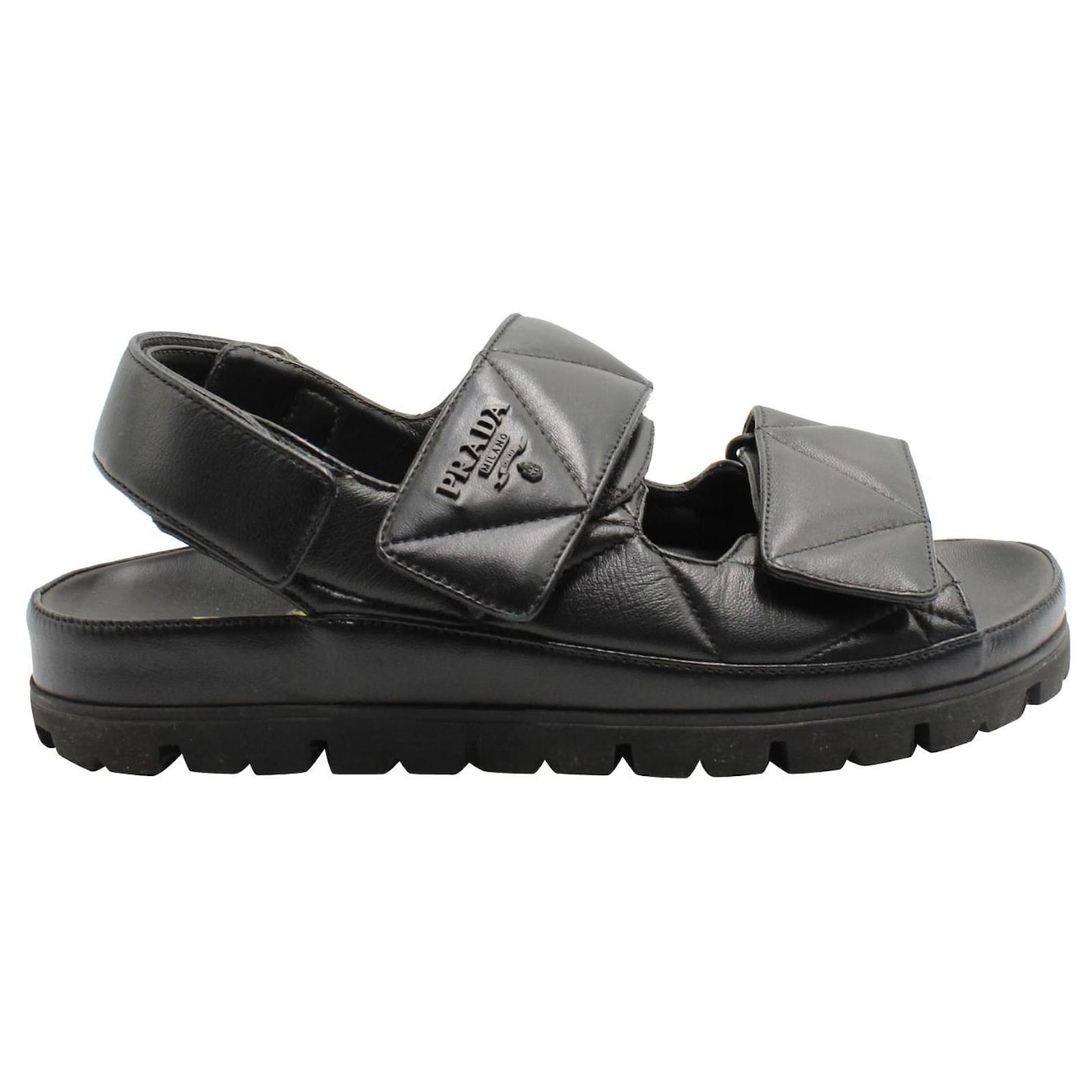 Prada Black Logo Two Strap Sandals Leather  - Joli Closet