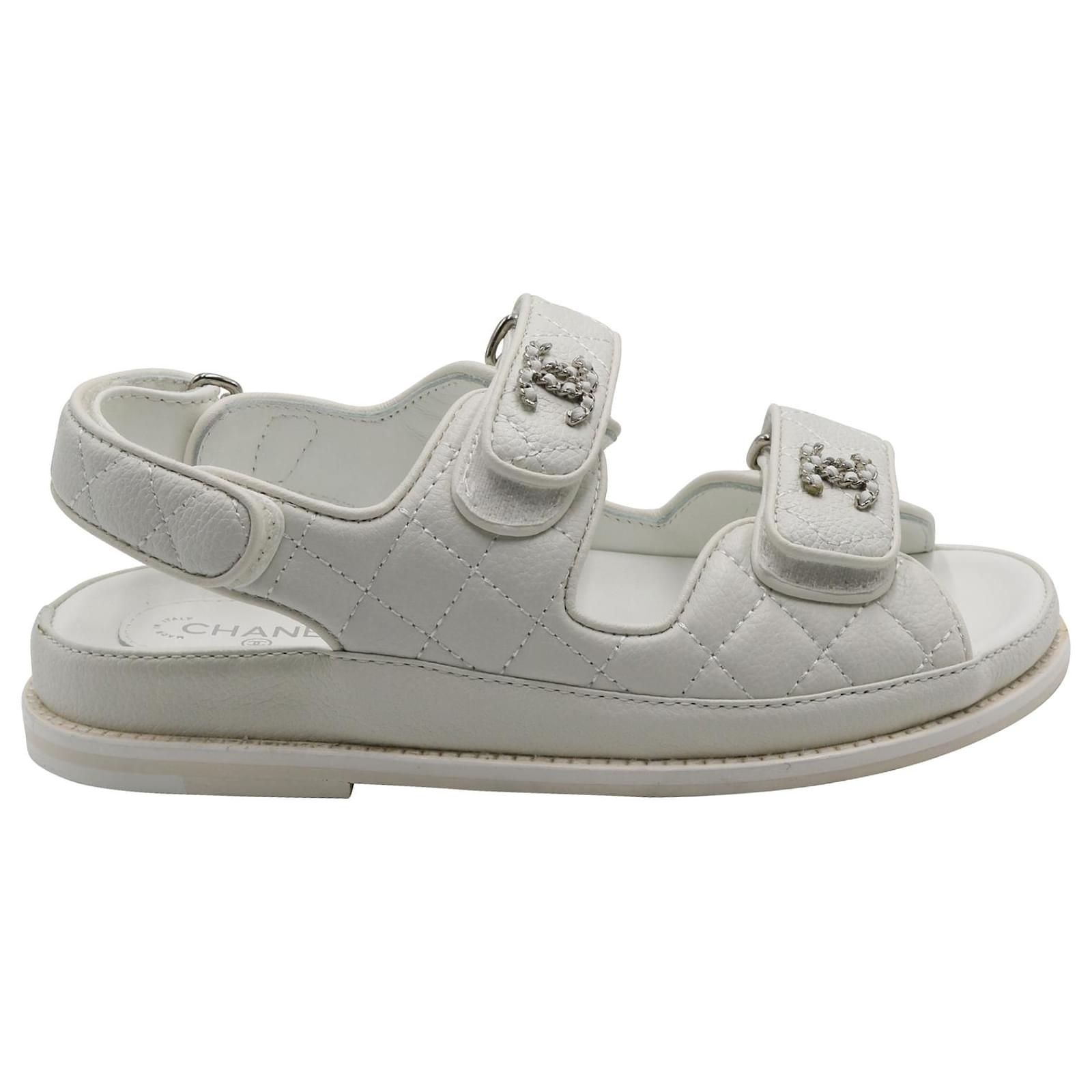 Chanel Quilted Dad Sandals in White Leather  - Joli Closet